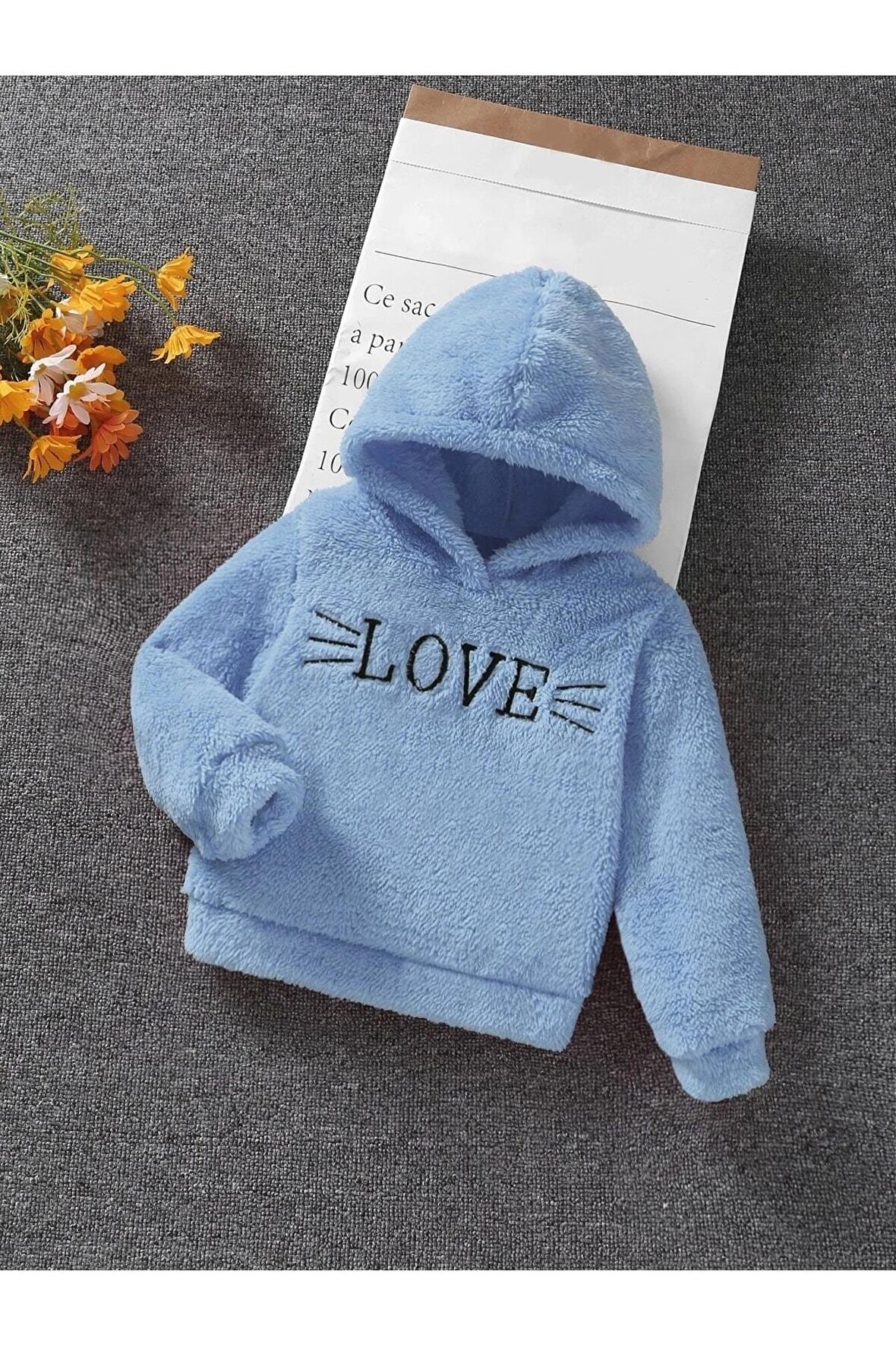 Kız Çocuk Love Nakışlı Kapüşonlu Peluş Sweatshirt