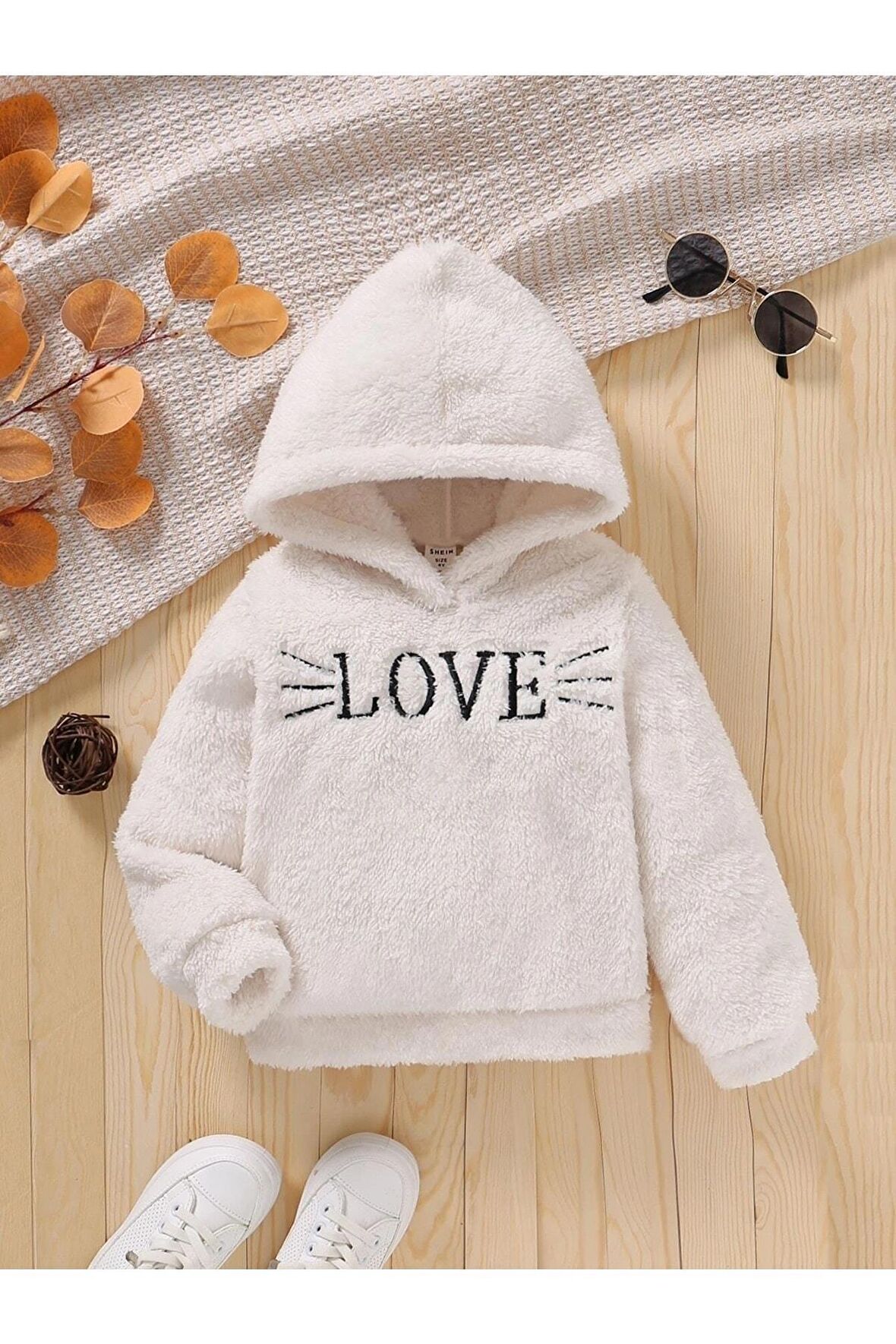 Kız Çocuk Love Nakışlı Kapüşonlu Peluş Sweatshirt