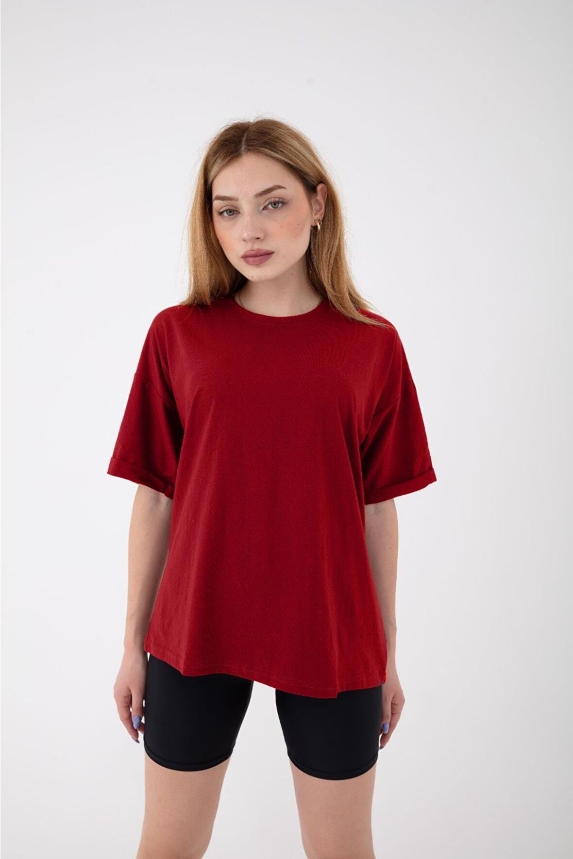 Kadın Basic Baskısız Düz Oversize Salaş Bol Kesim Duble Kol T-shirt