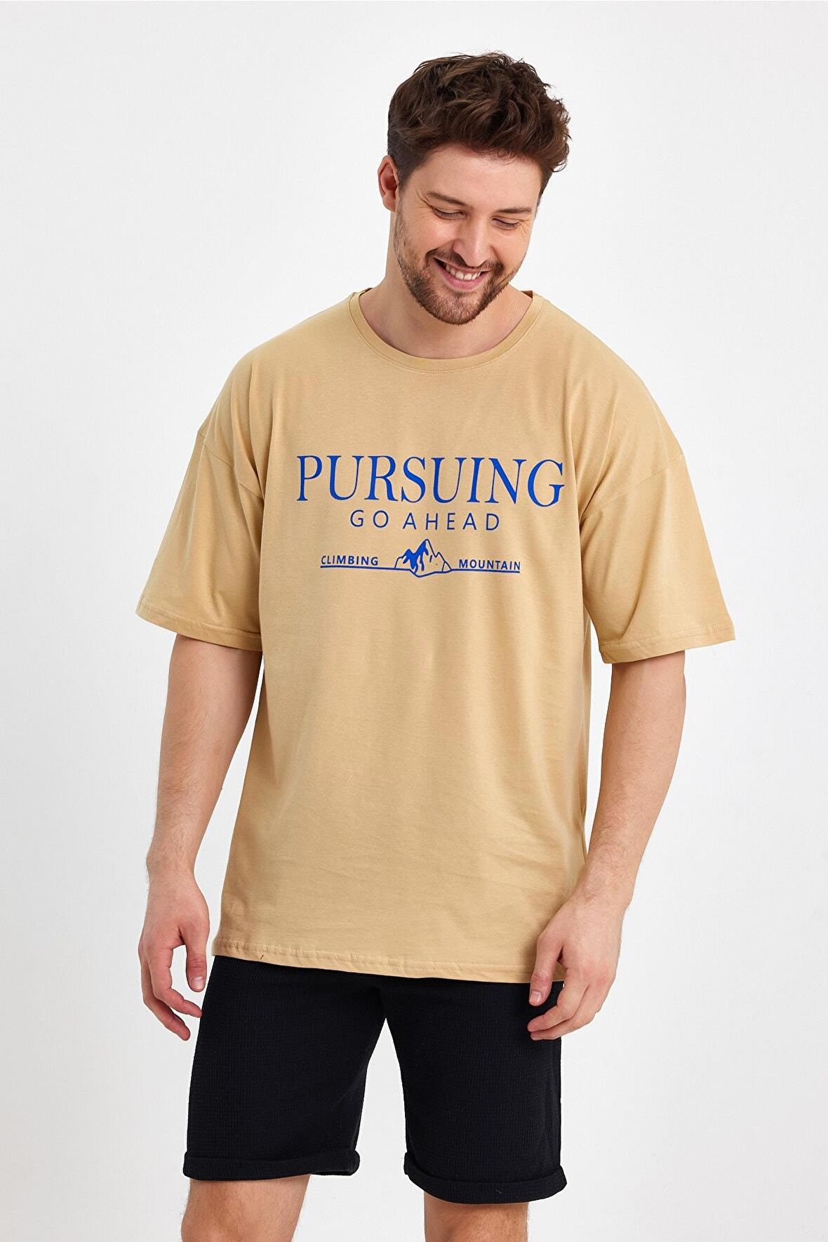 Erkek Pursing Go Ahead Baskılı Oversize T-shirt