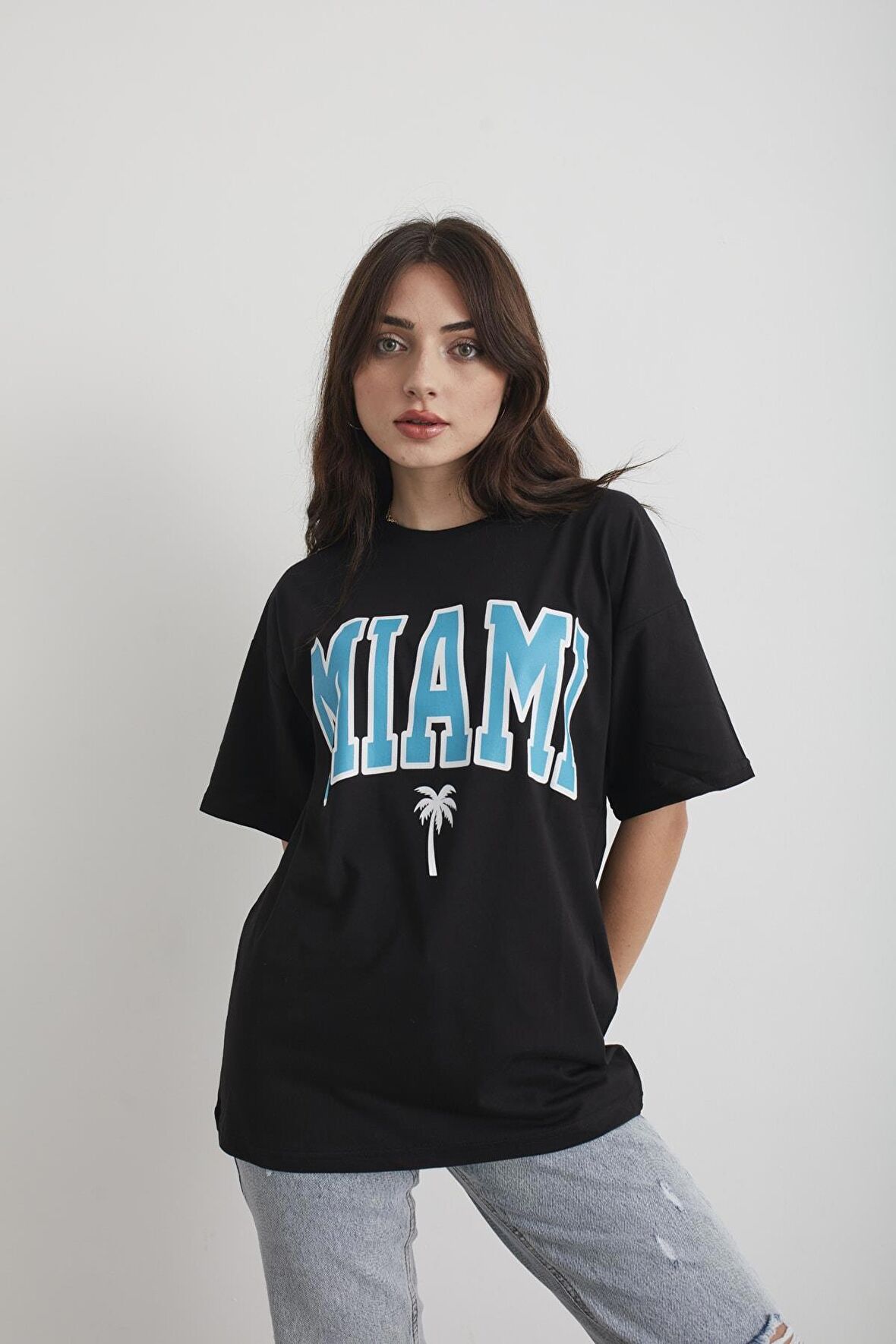 Kadın Mint Yeşili Miami Baskılı Oversize T-shirt