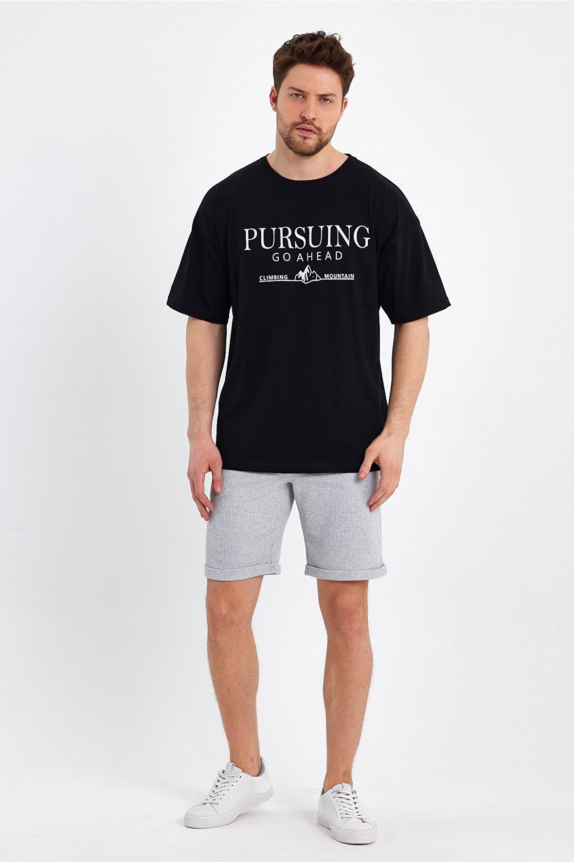 Erkek Pursing Go Ahead Baskılı Oversize T-shirt