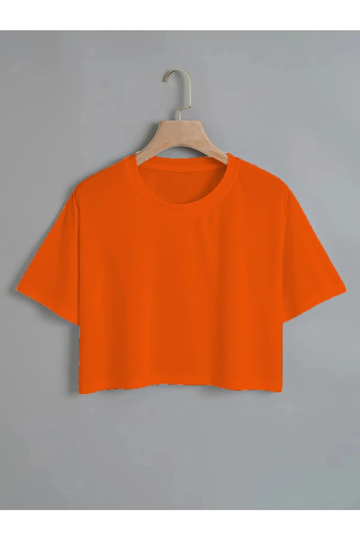 Kadın Düz Bisiklet Yaka Kısa Oversize Crop Turuncu T-shirt