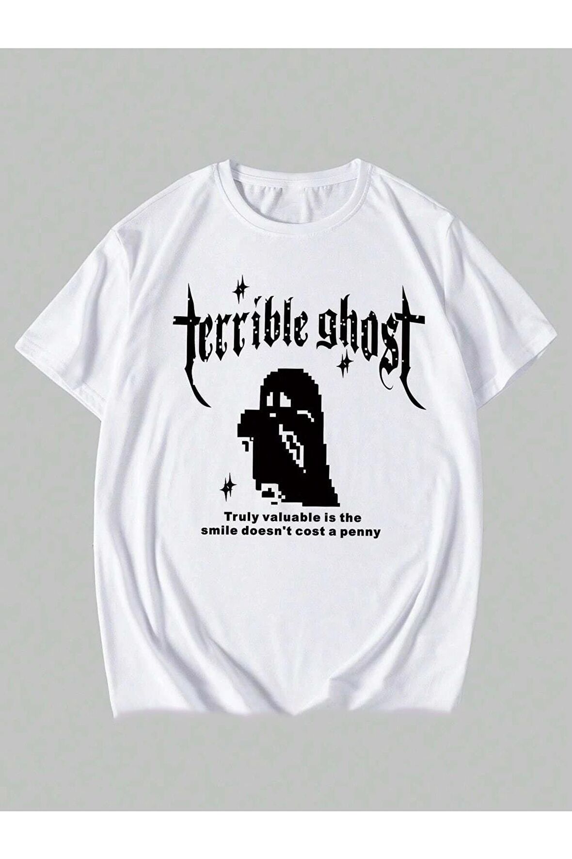 Unisex Terrible Ghost Baskılı Oversize Beyaz T-shirt