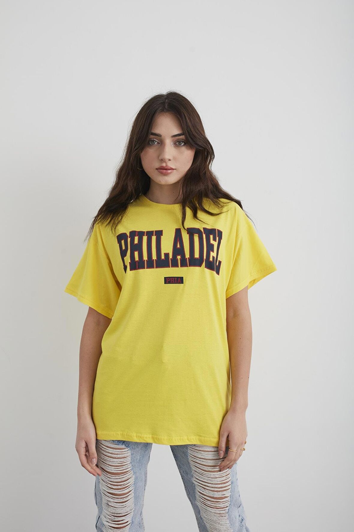 Kadın Beyaz Philadel Baskılı Oversize T-shirt