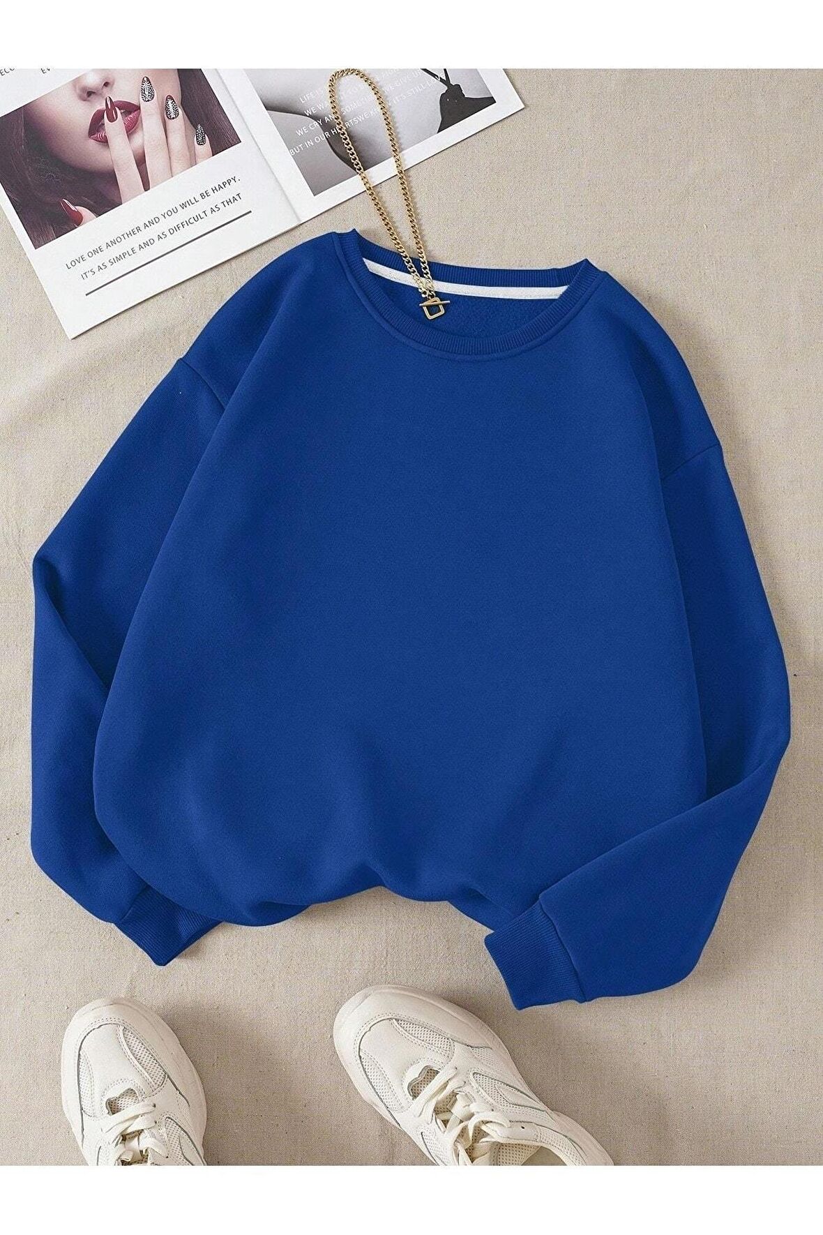 Kadın Basic 0 Sıfır Yaka Baskısız Düz Oversize Salaş Bol Kesim Polar Sweatshirt