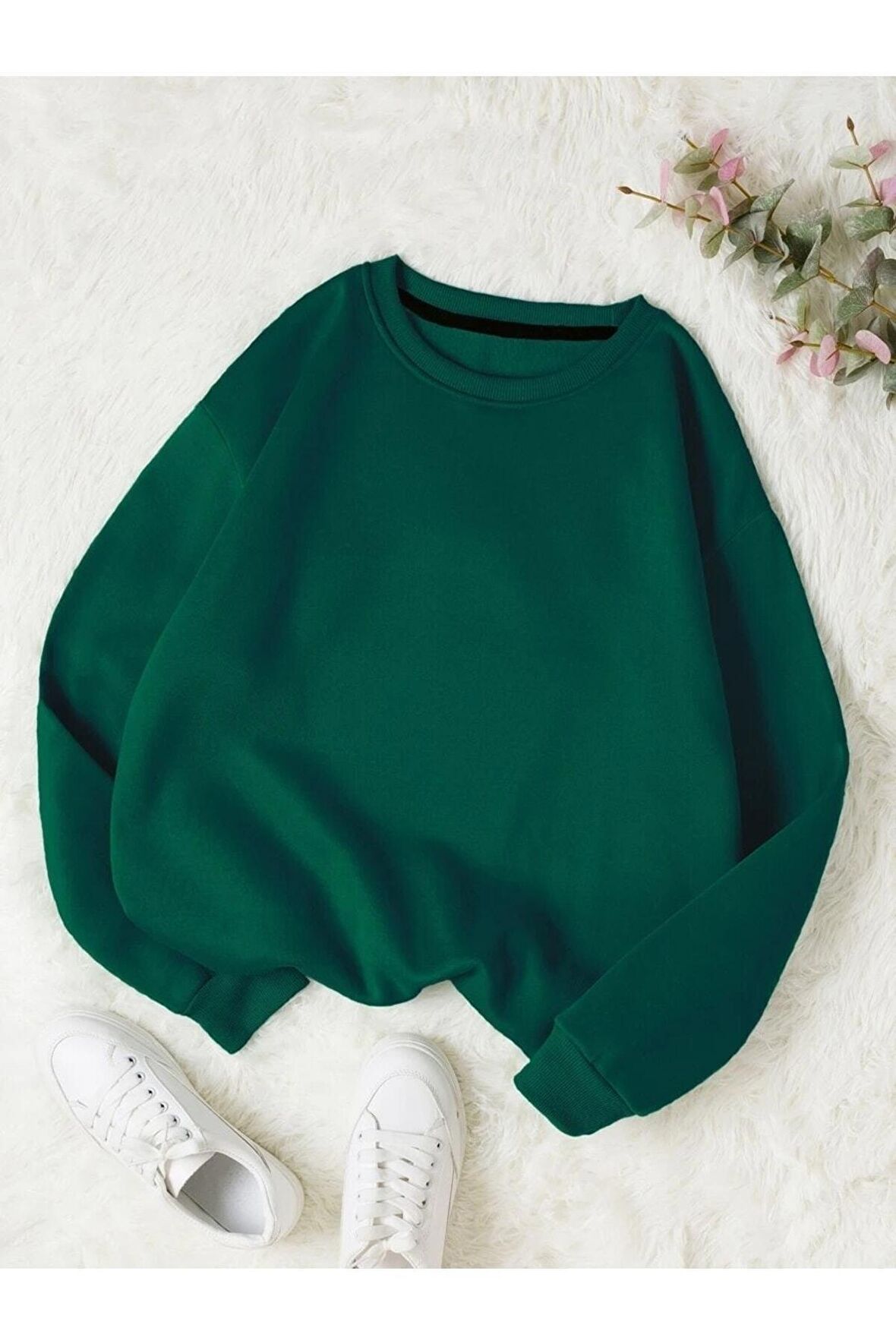 Kadın Basic 0 Sıfır Yaka Baskısız Düz Oversize Salaş Bol Kesim Polar Sweatshirt