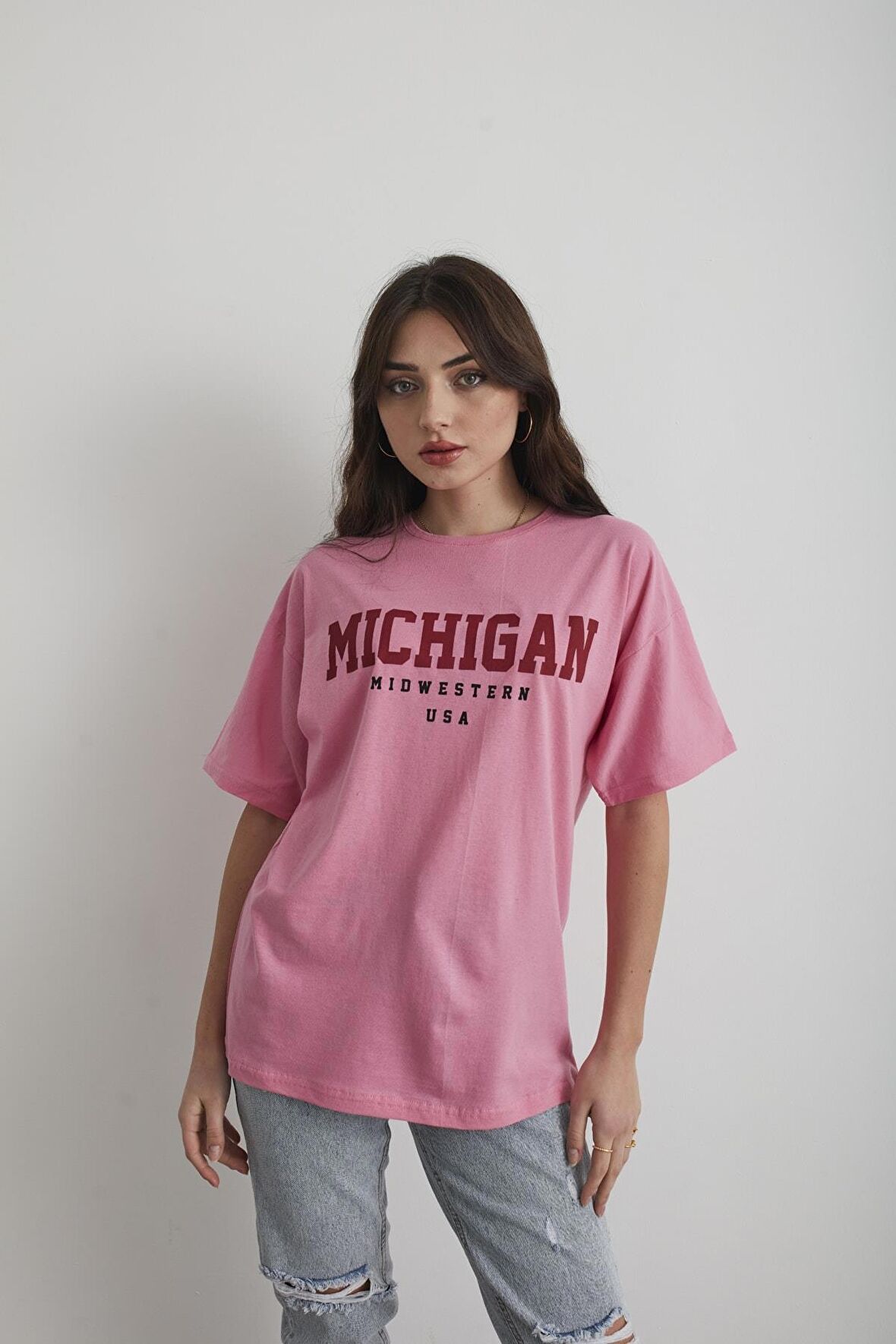 Kadın Pembe Michigan Baskılı Oversize T-shirt