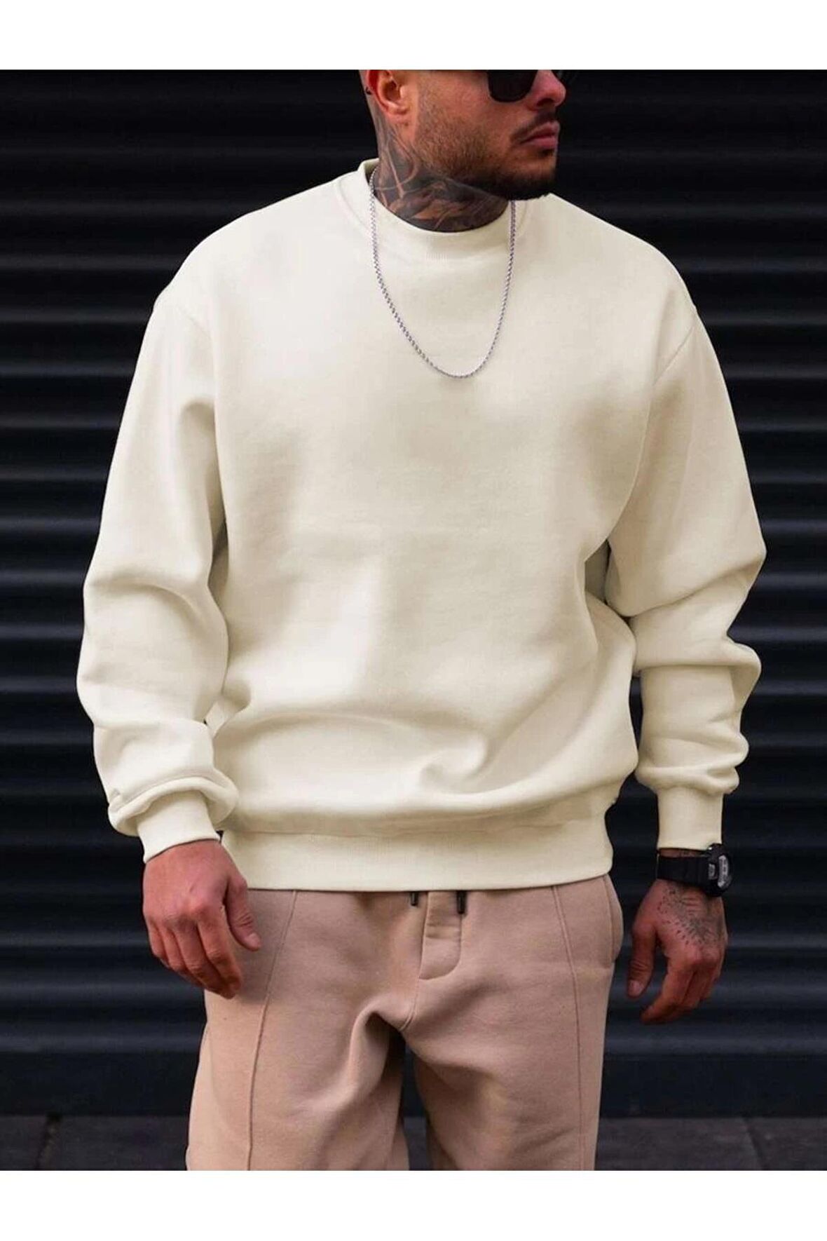 Erkek Basic Düz Bisiklet Yaka Oversize Sweatshirt