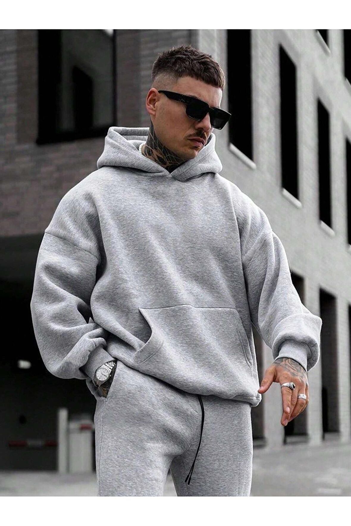 Erkek Düz Basic Kapşonlu Oversize Sweatshirt