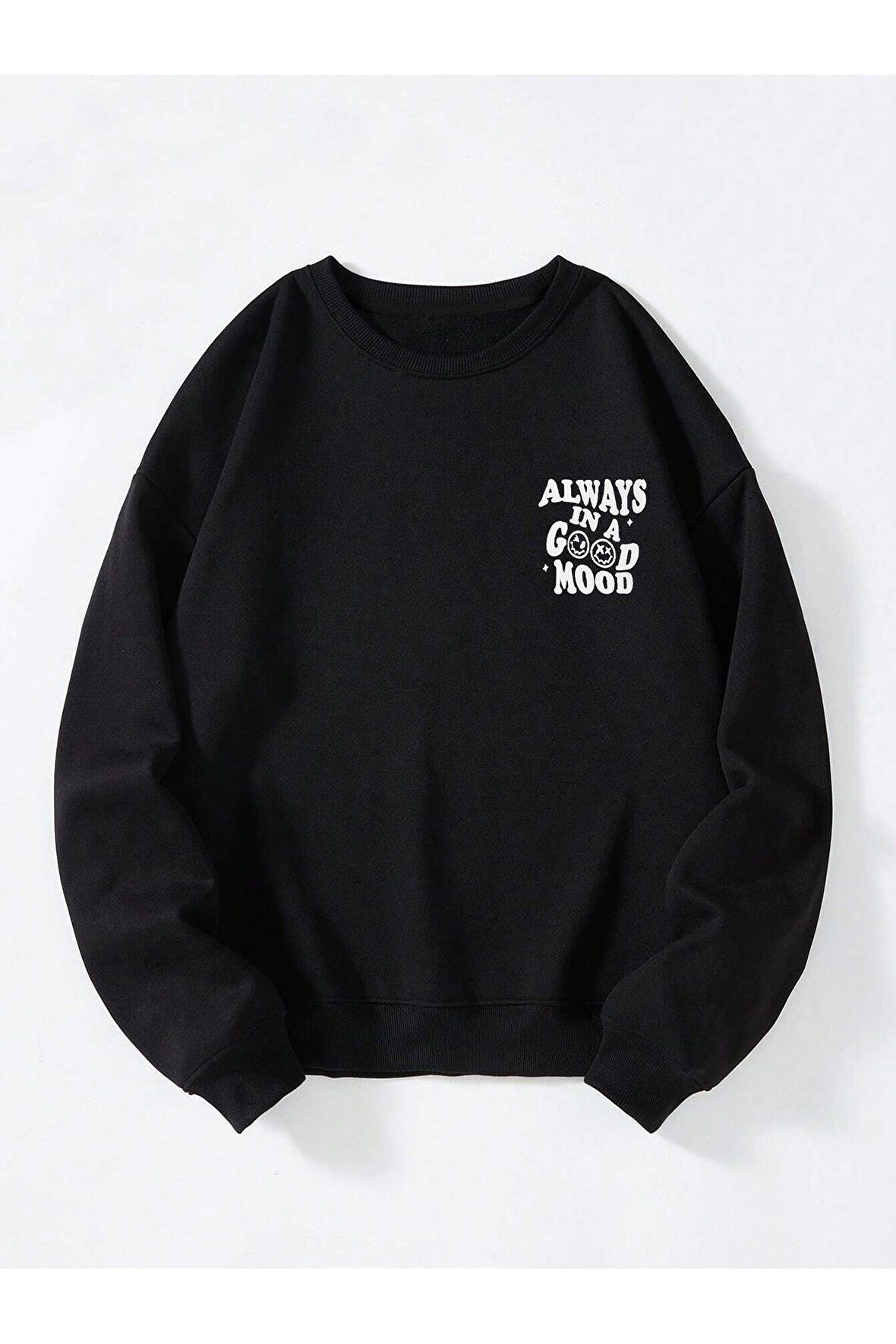 Unisex Bisiklet Yaka Mood Baskılı Oversize Salaş Kesim Polar Sweatshirt