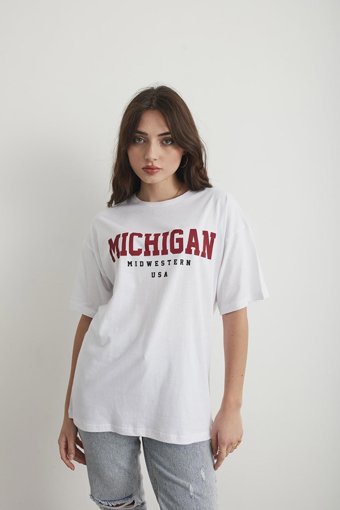 Kadın Pembe Michigan Baskılı Oversize T-shirt