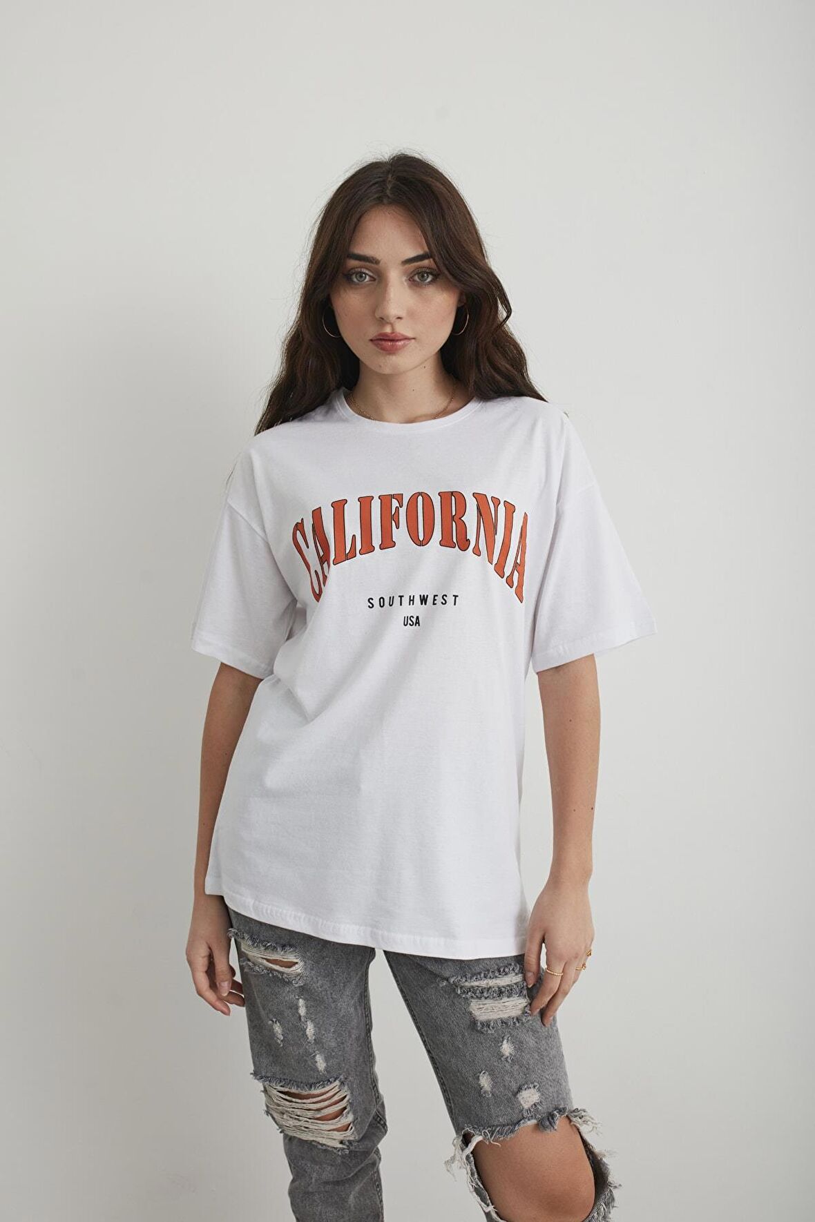 Kadın Beyaz California Baskılı Oversize T-shirt