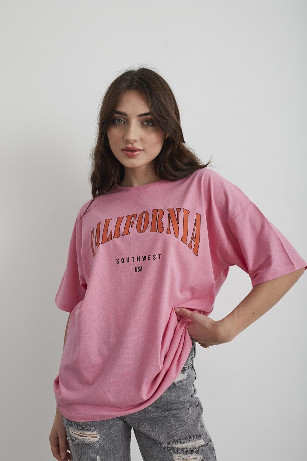 Kadın Beyaz California Baskılı Oversize T-shirt