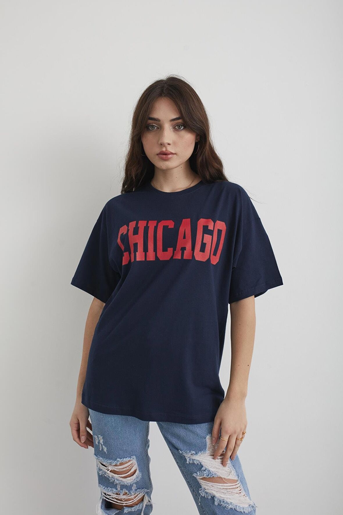 Kadın Lacivert Chicago Baskılı Oversize T-shirt