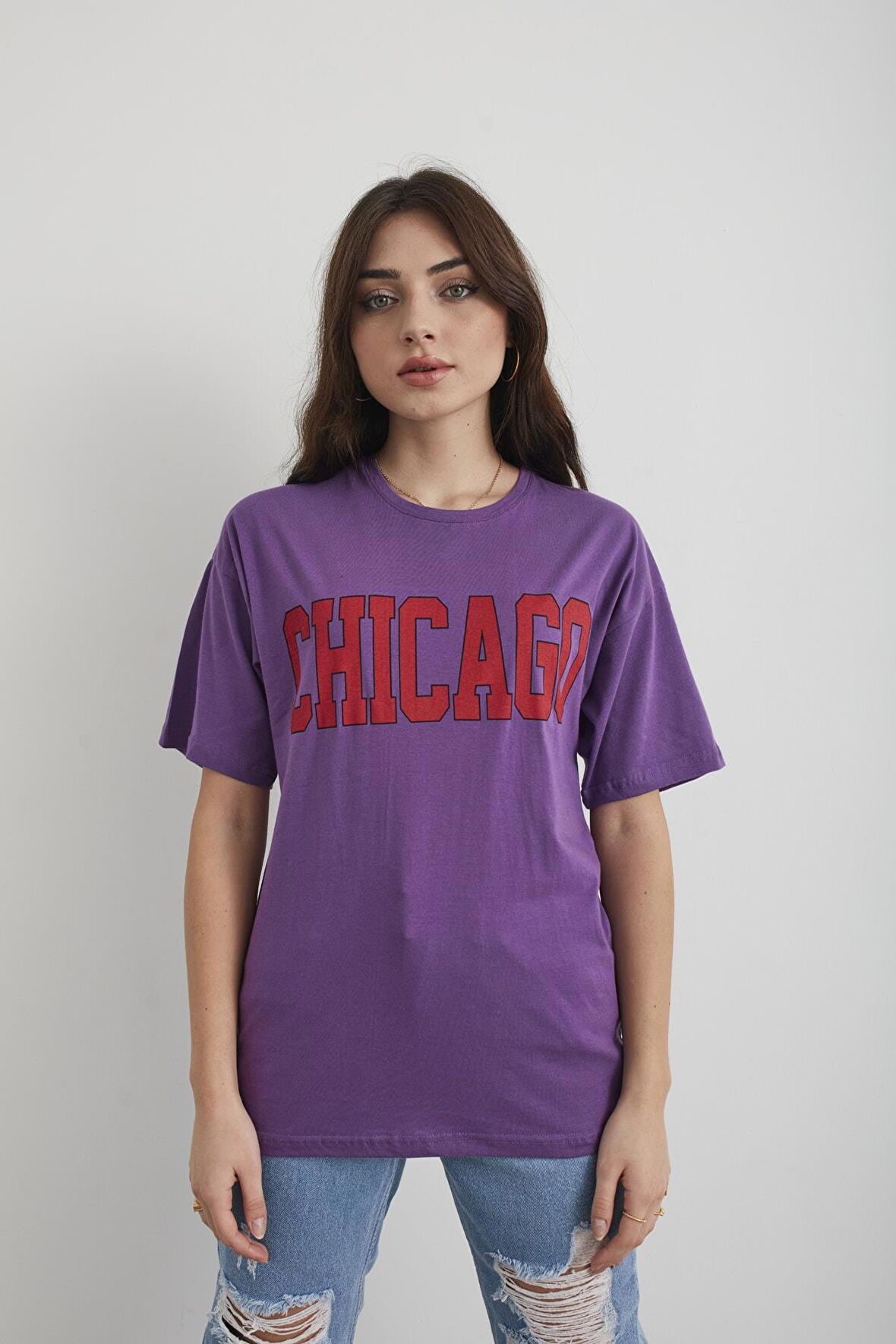Kadın Lacivert Chicago Baskılı Oversize T-shirt