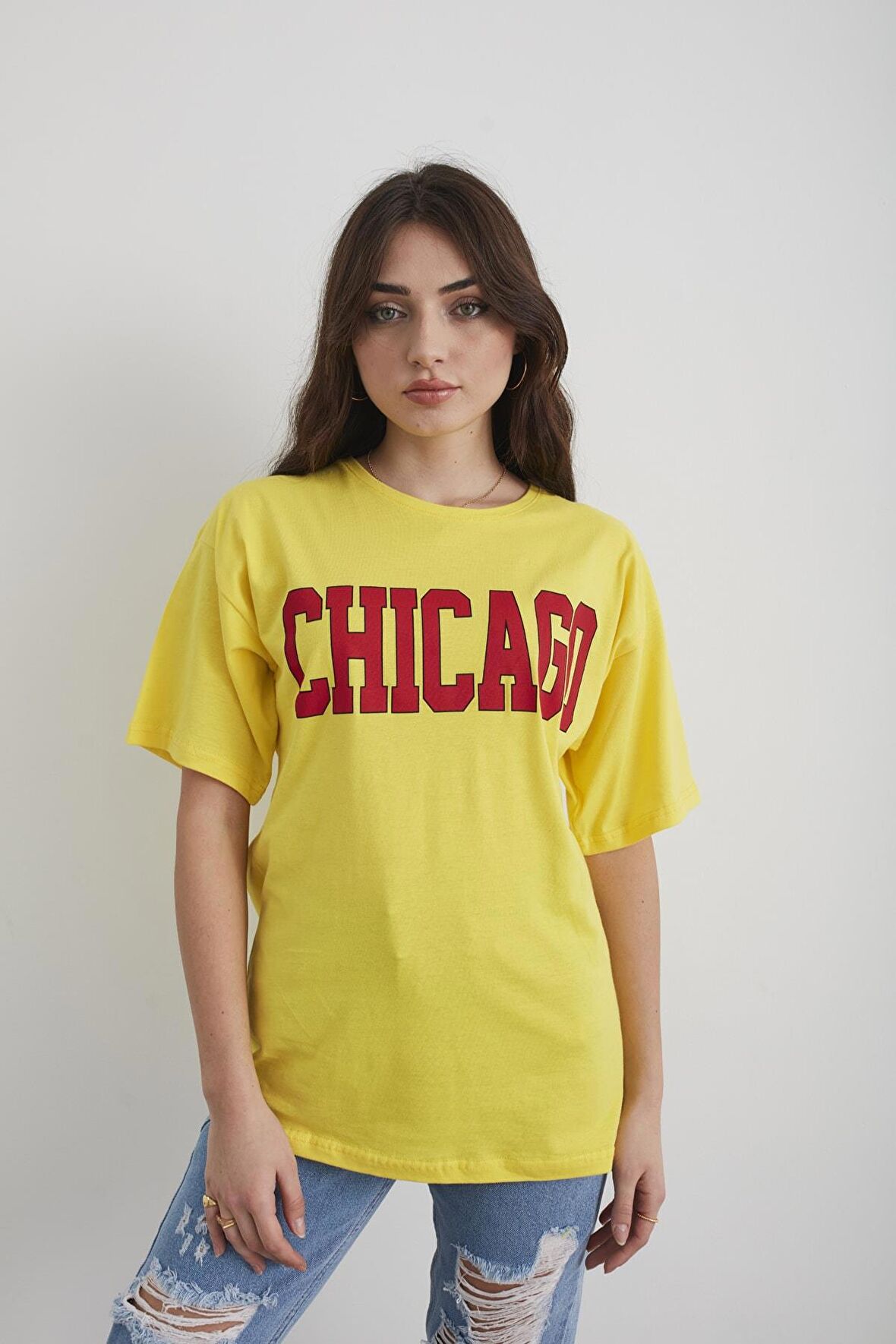 Kadın Lacivert Chicago Baskılı Oversize T-shirt