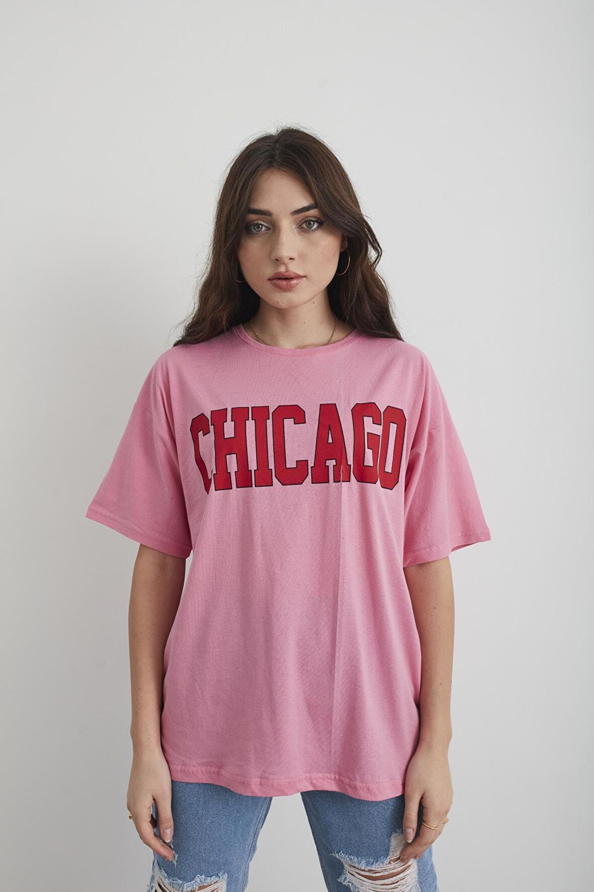 Kadın Lacivert Chicago Baskılı Oversize T-shirt