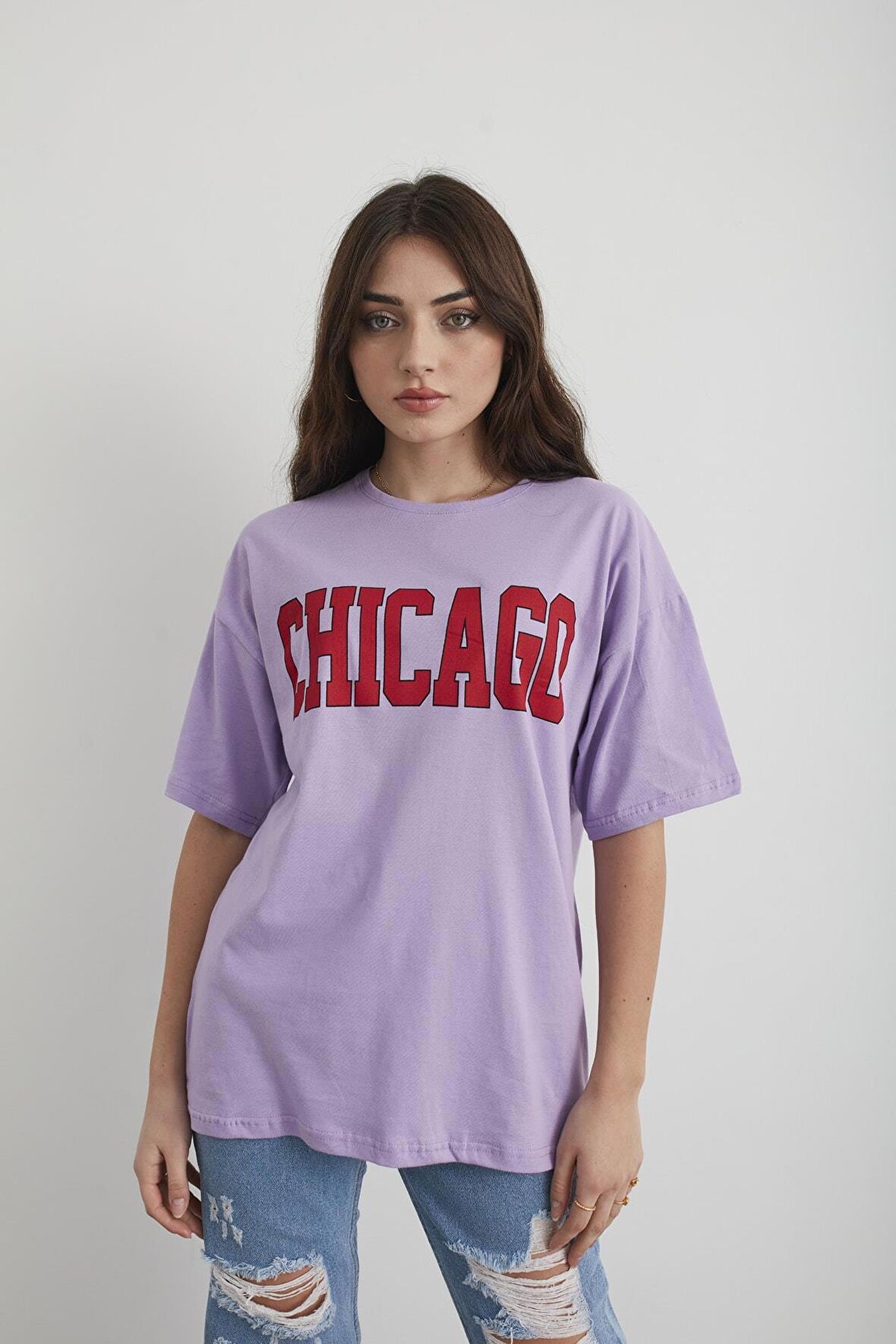 Kadın Lacivert Chicago Baskılı Oversize T-shirt