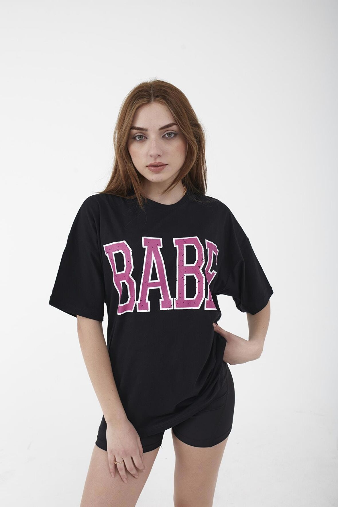 Unisex Oversize Babe Baskılı Siyah T-shirt