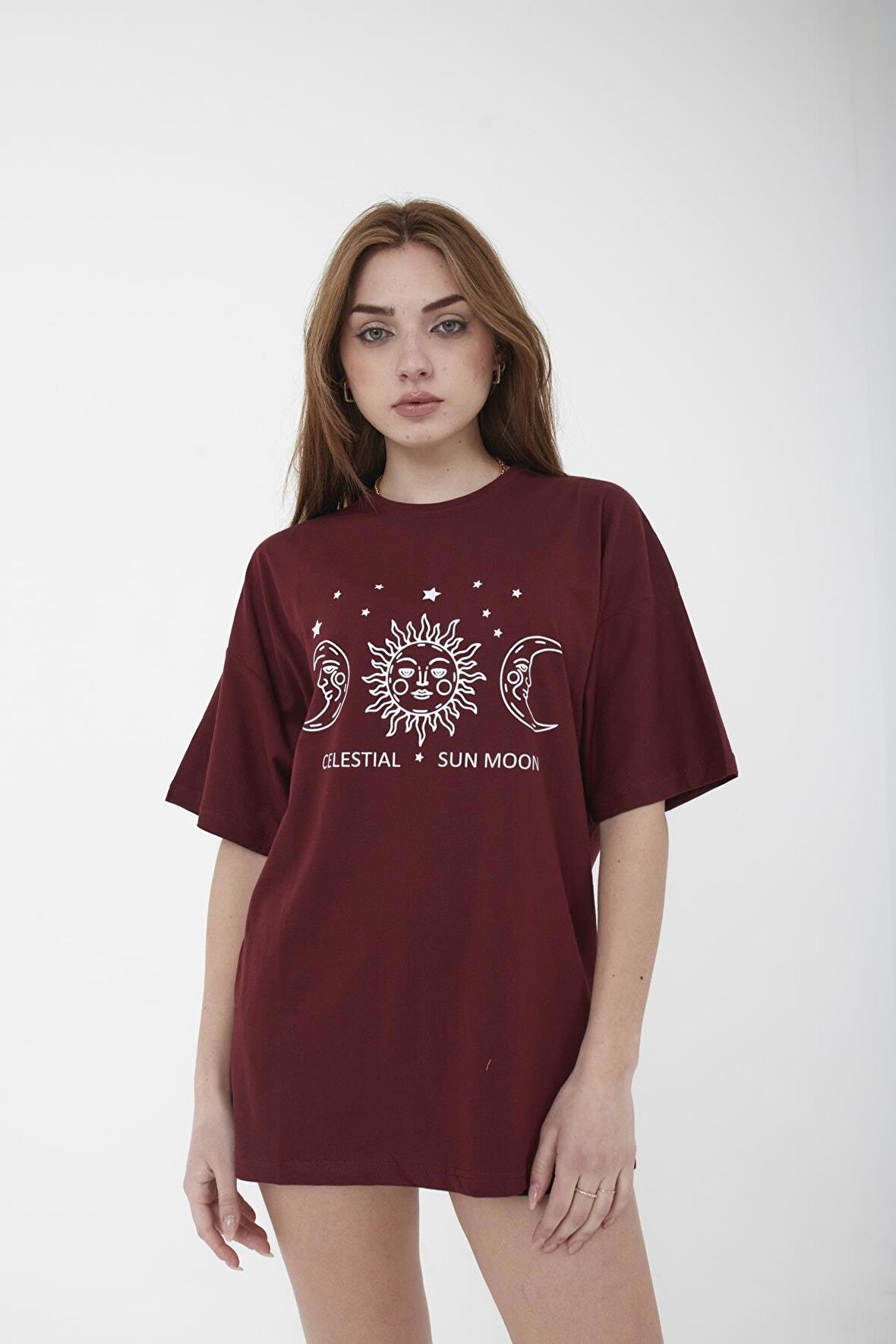 Unisex Oversize Celestial Baskılı Sarı T-shirt