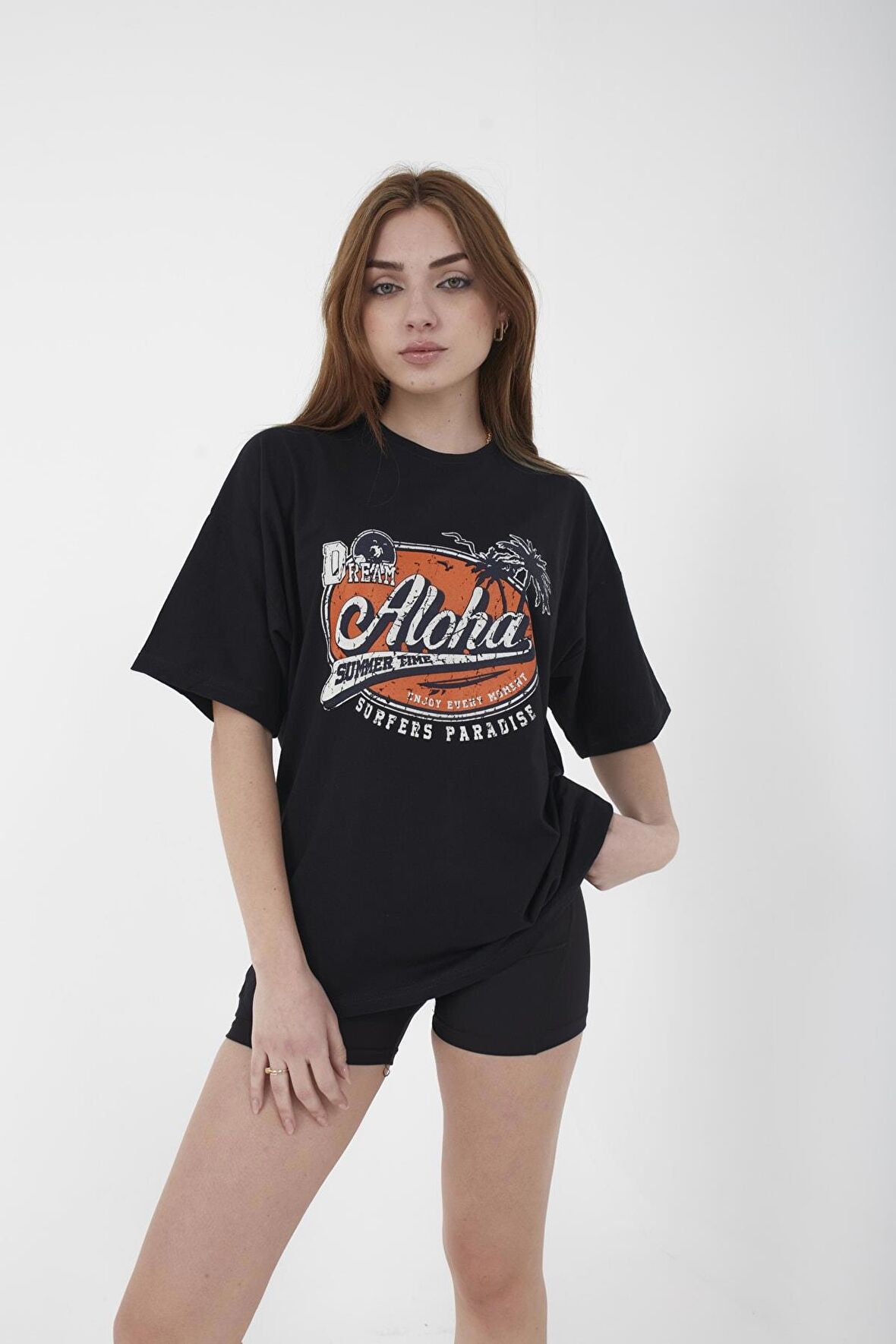 Unisex Oversize Aloha Baskılı Siyah T-shirt