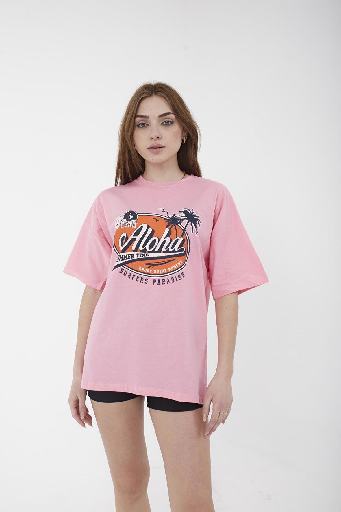 Unisex Oversize Aloha Baskılı Siyah T-shirt