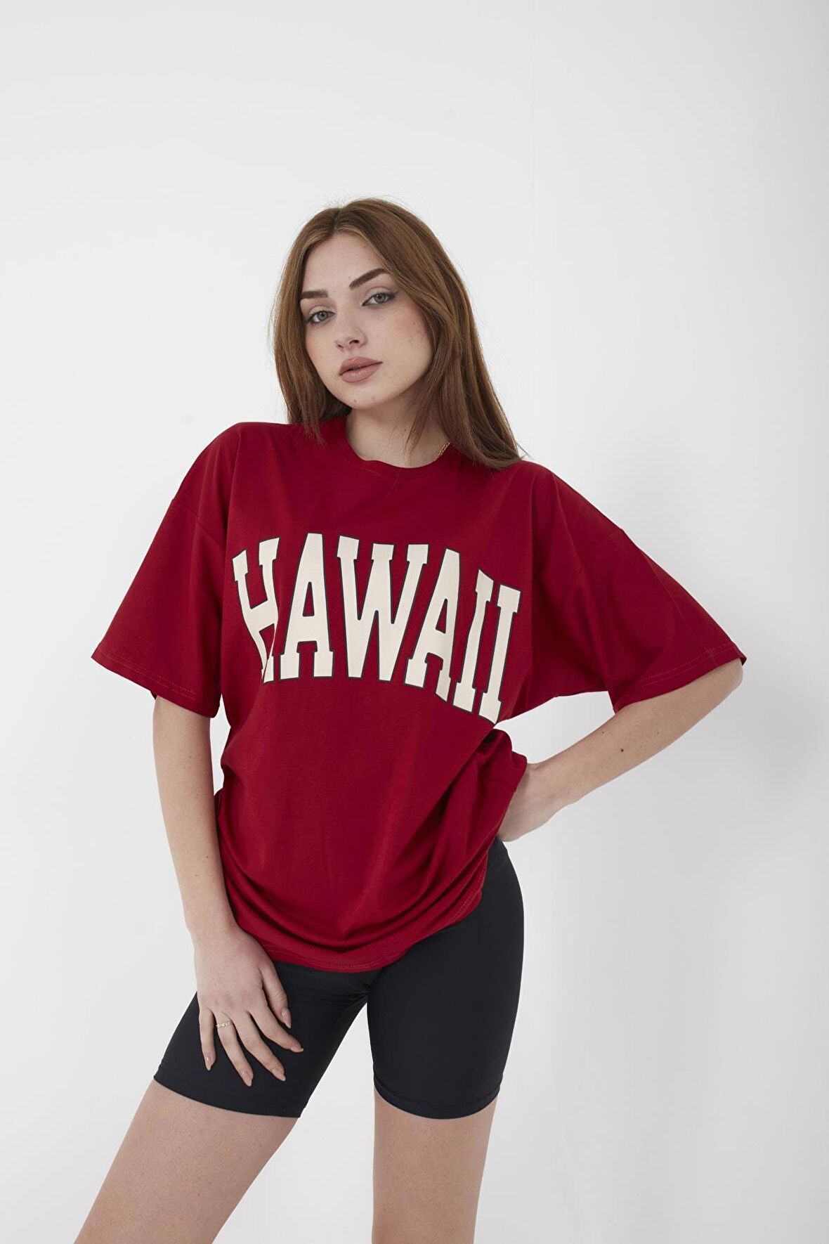 Unisex Oversize Hawaii Baskılı Beyaz T-shirt