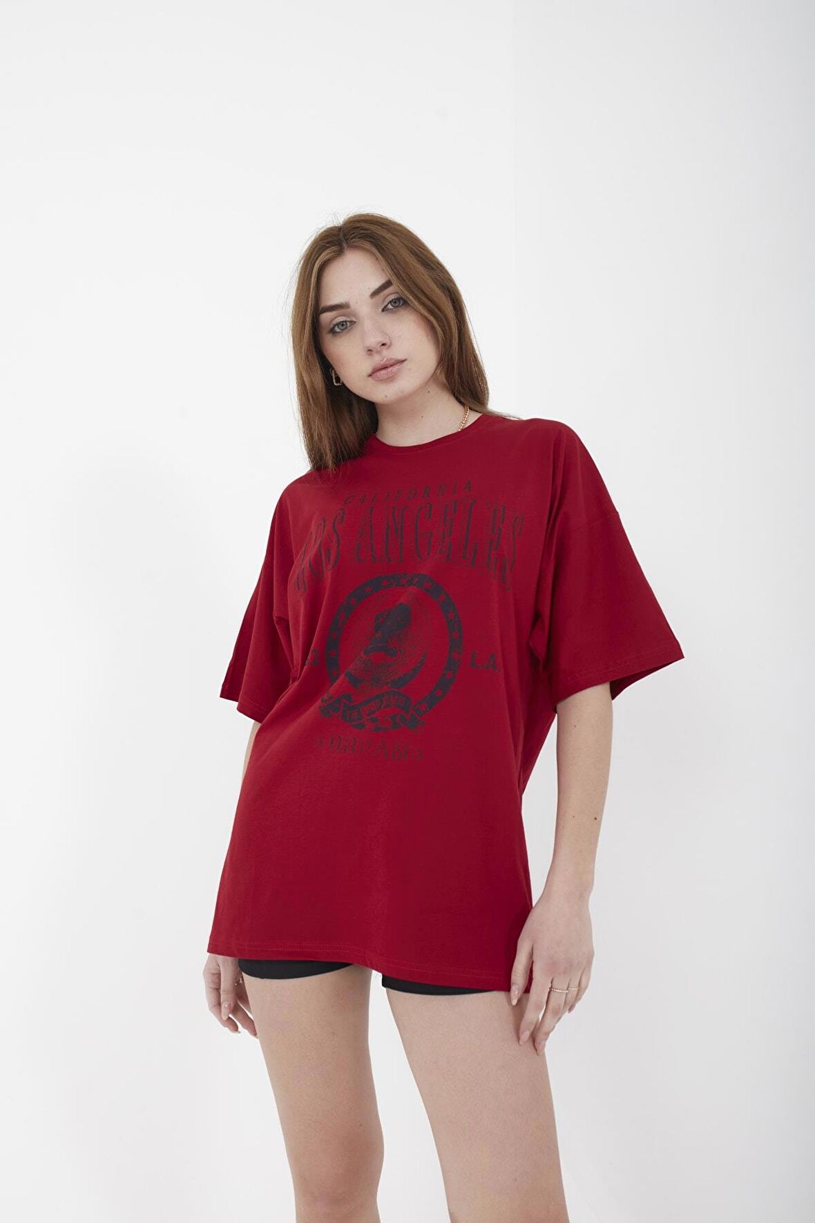 Unisex Oversize Los Angeles Baskılı Kırmızı T-shirt