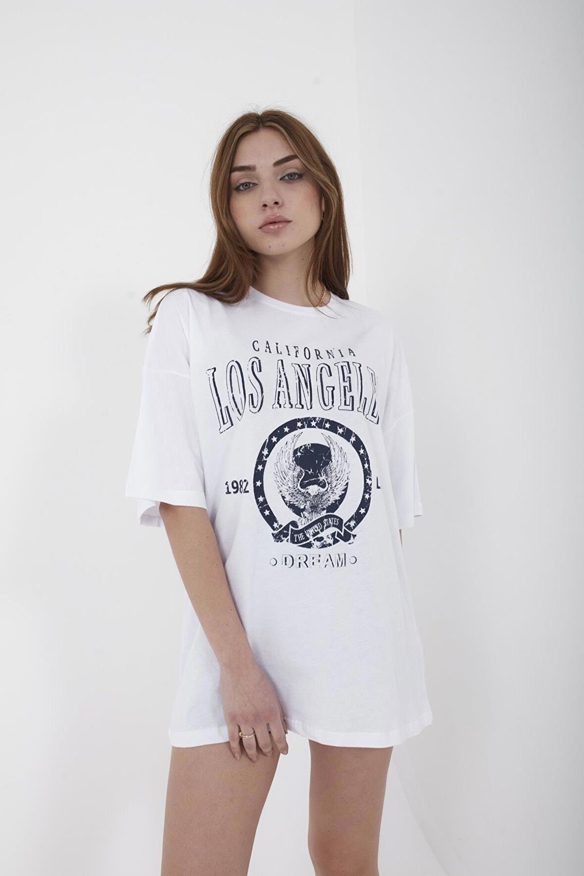 Unisex Oversize Los Angeles Baskılı Kırmızı T-shirt