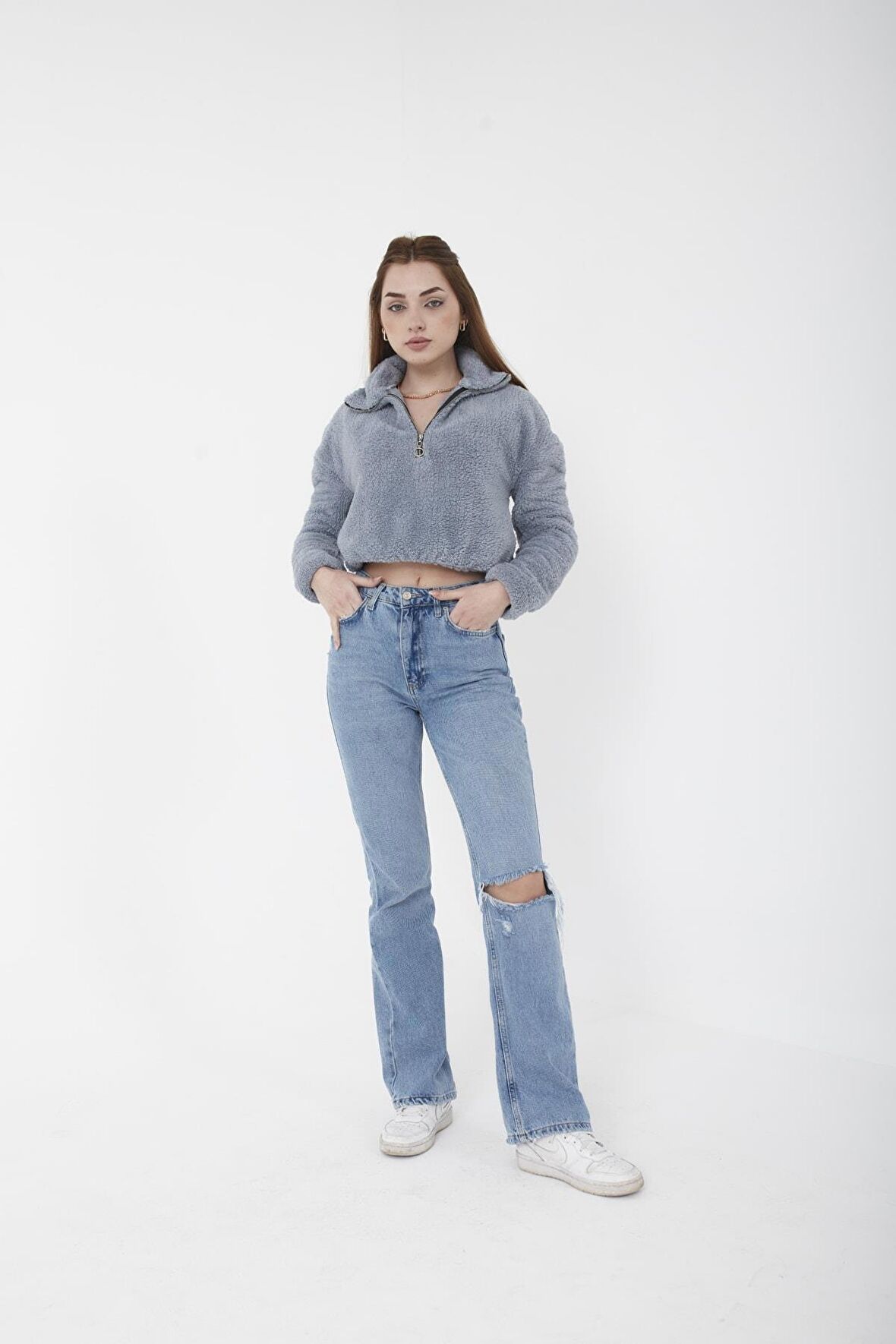 Kadın Yarım Fermuar Boyalı Gri Balıkçı Peluş Düşük Omuz Kısa Oversize Crop Sweatshirt