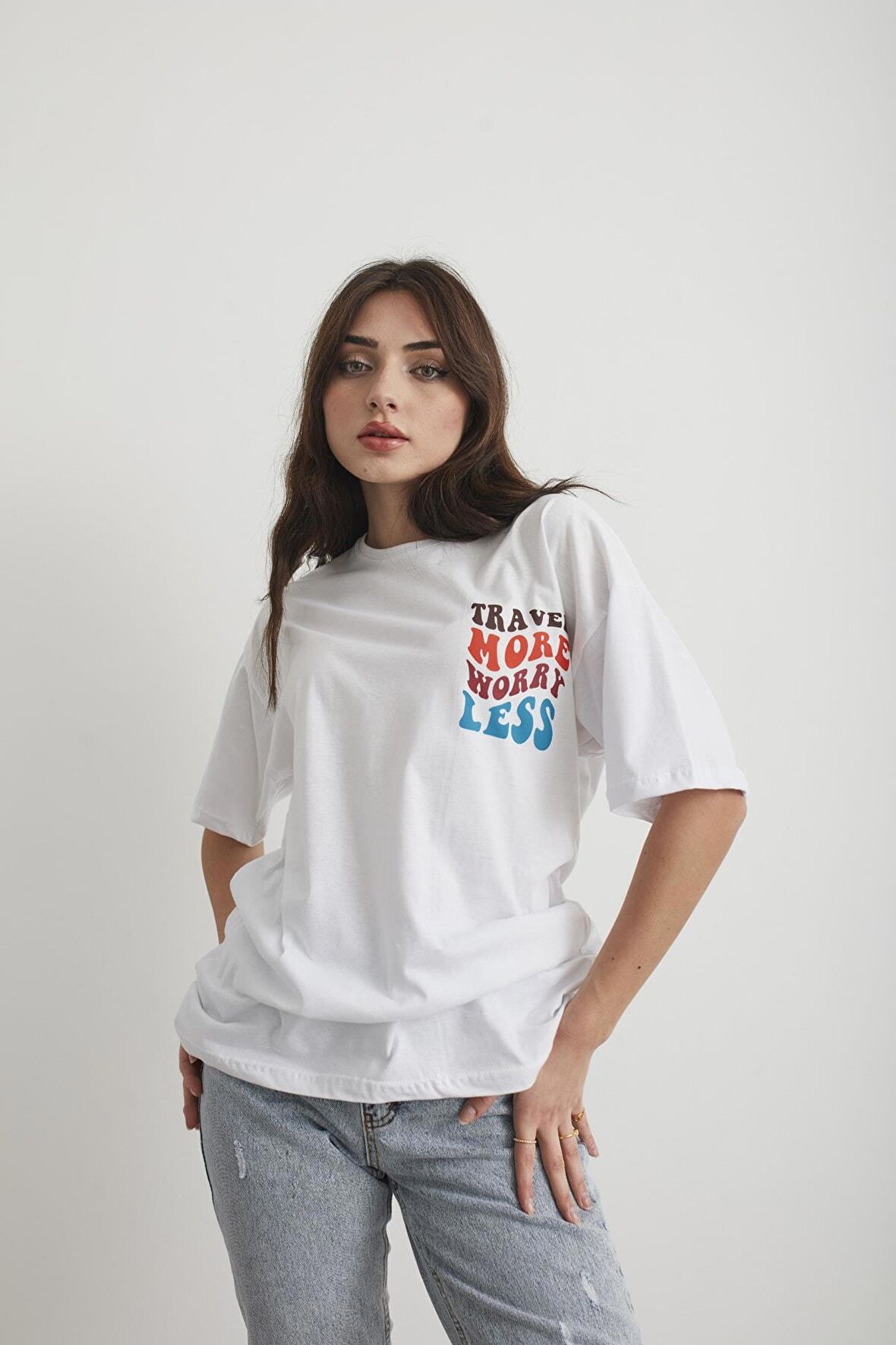Kadın Lacivert Travel Baskılı Oversize T-shirt