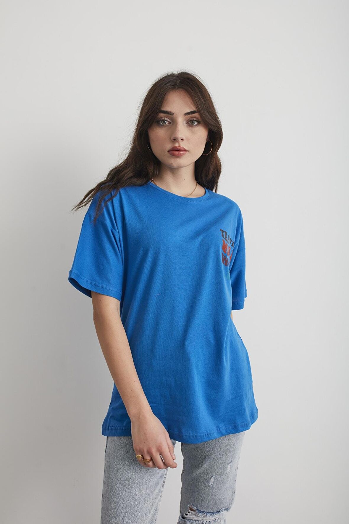 Kadın Lacivert Travel Baskılı Oversize T-shirt