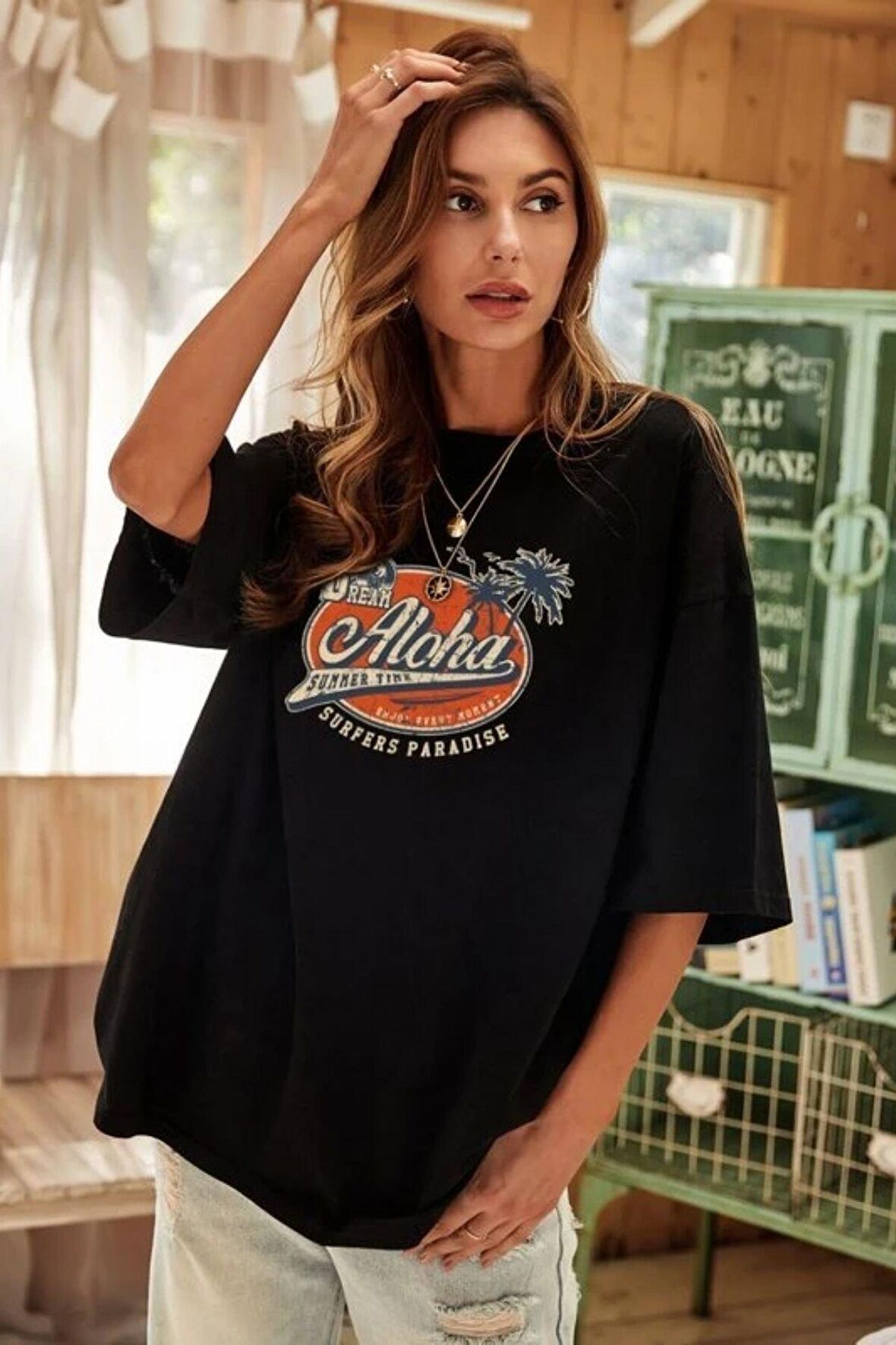 Unisex Oversize Aloha Baskılı Salaş Kesim T-shirt