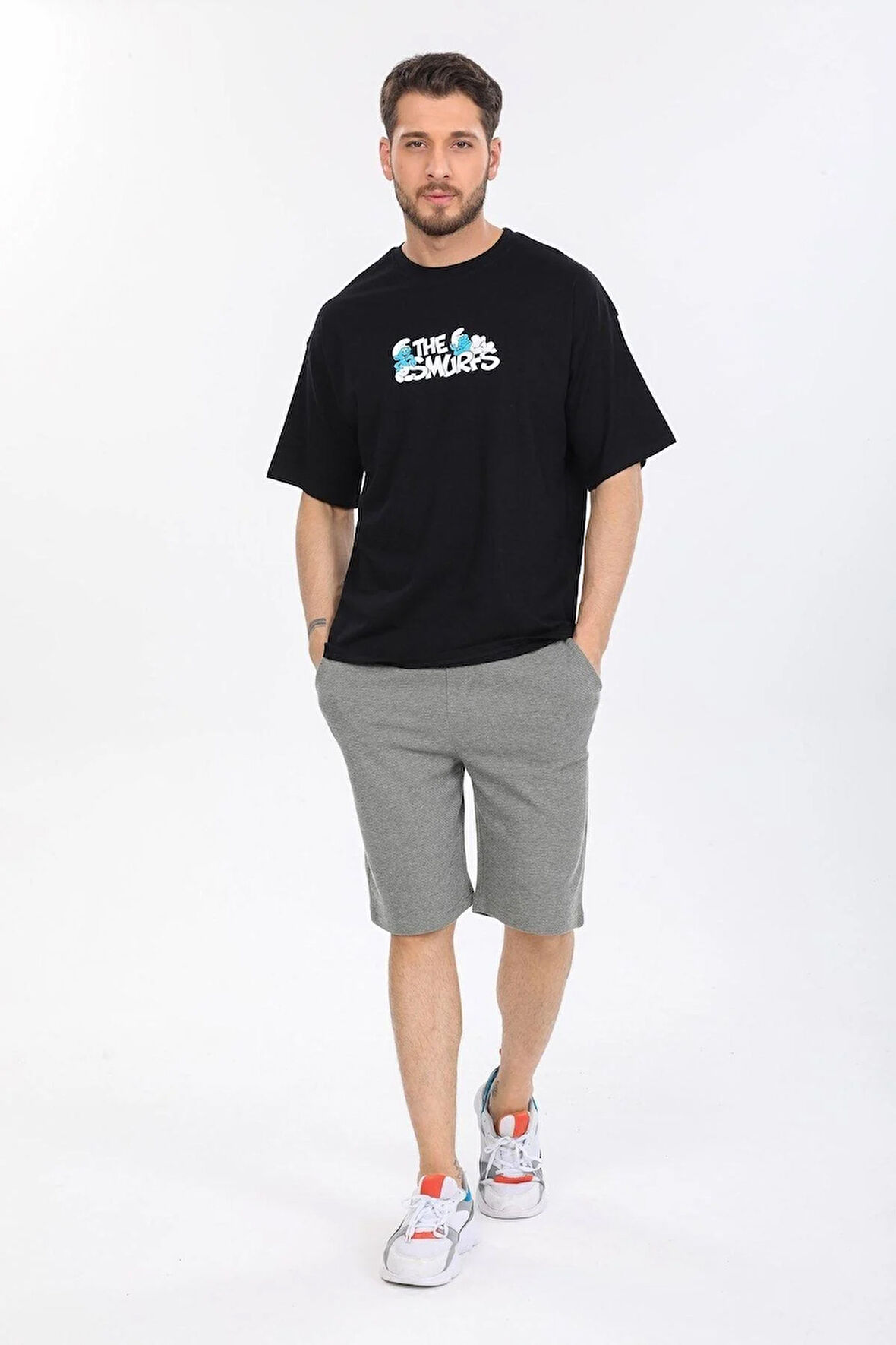Oversize Smurfs Yazılı Siyah T-shirt