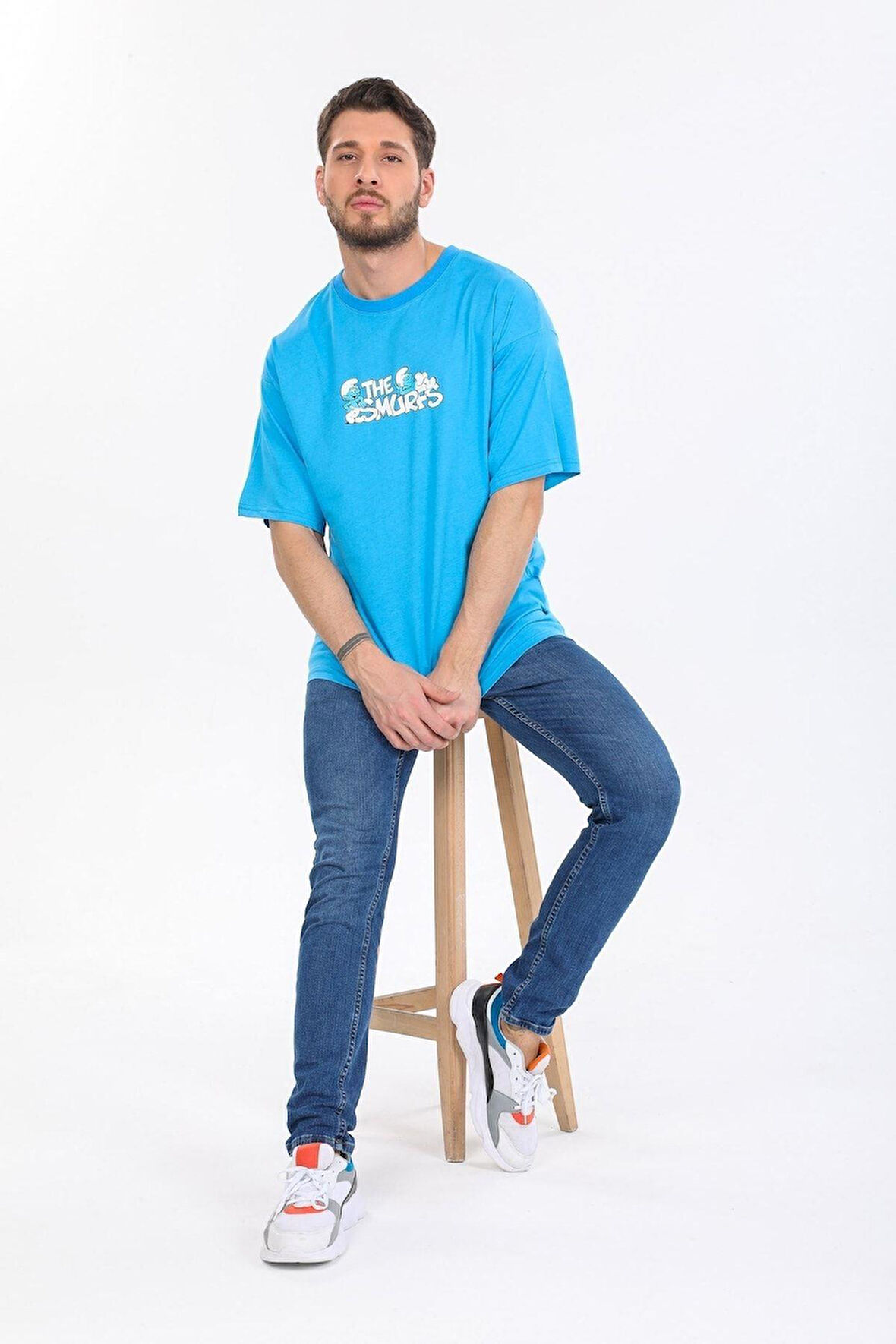 Oversize Smurfs Yazılı Mavi T-shirt