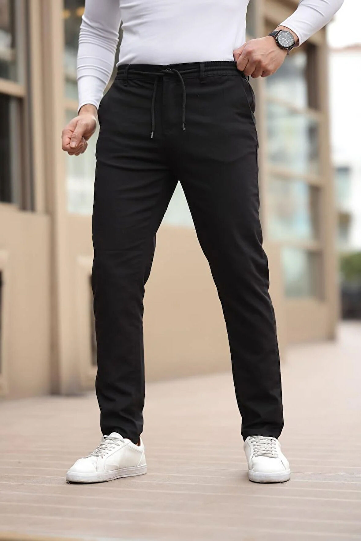 Keten Kumaş Erkek Siyah Jogger Pantolon