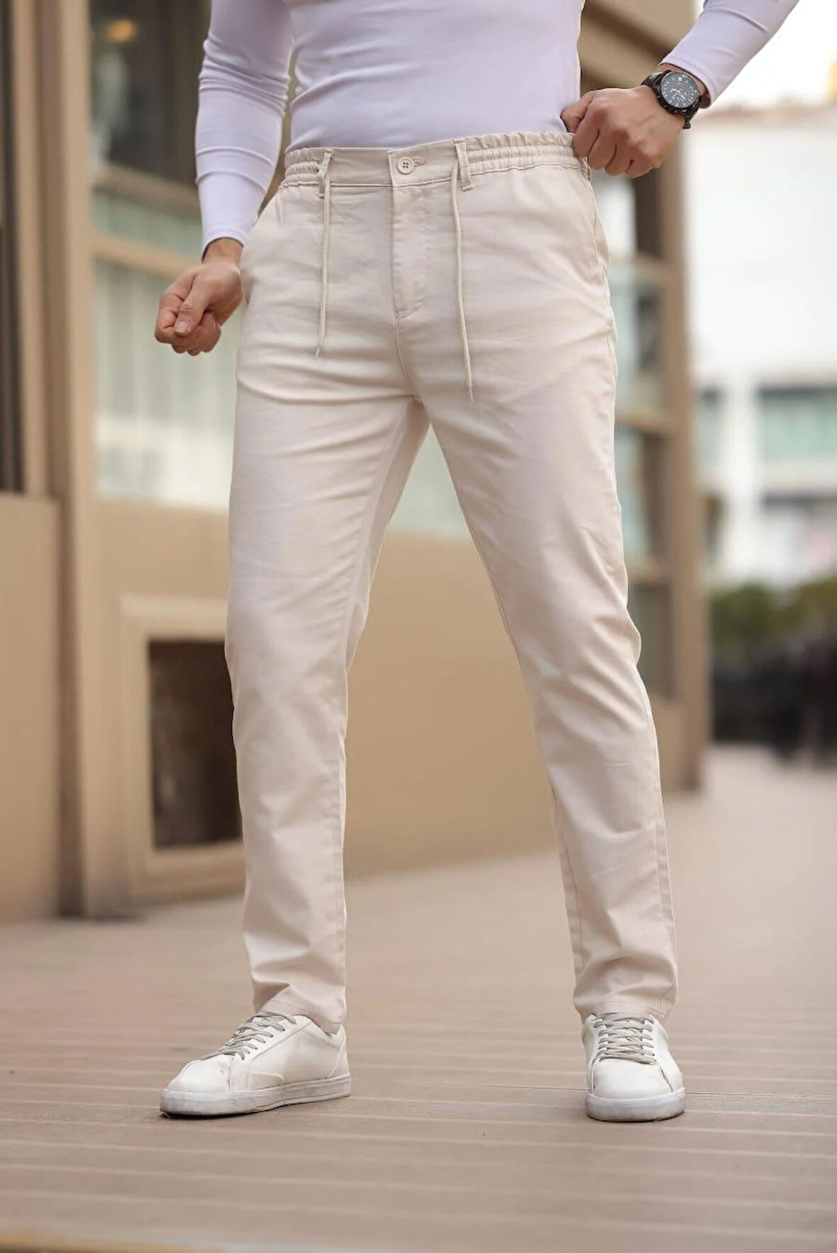 Keten Kumaş Erkek Krem Jogger Pantolon