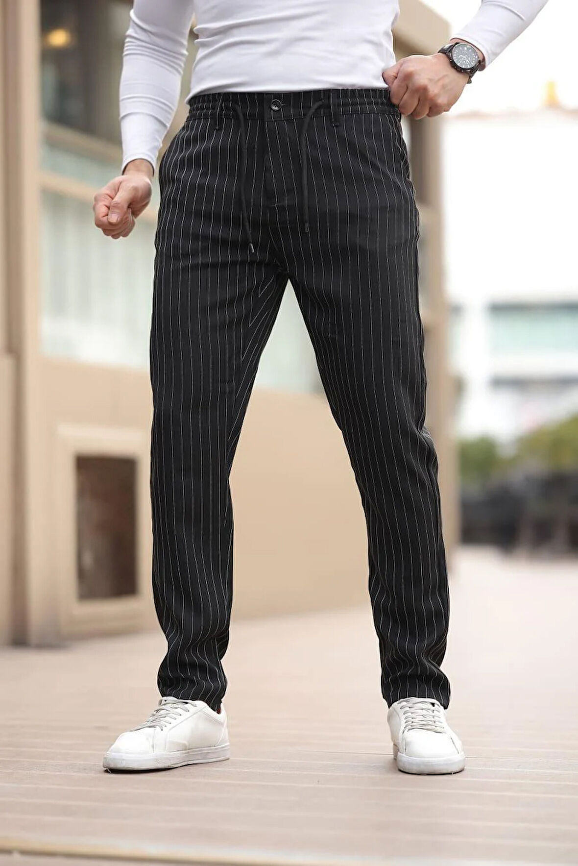 Çizgili Kumaş Erkek Siyah Jogger Pantolon