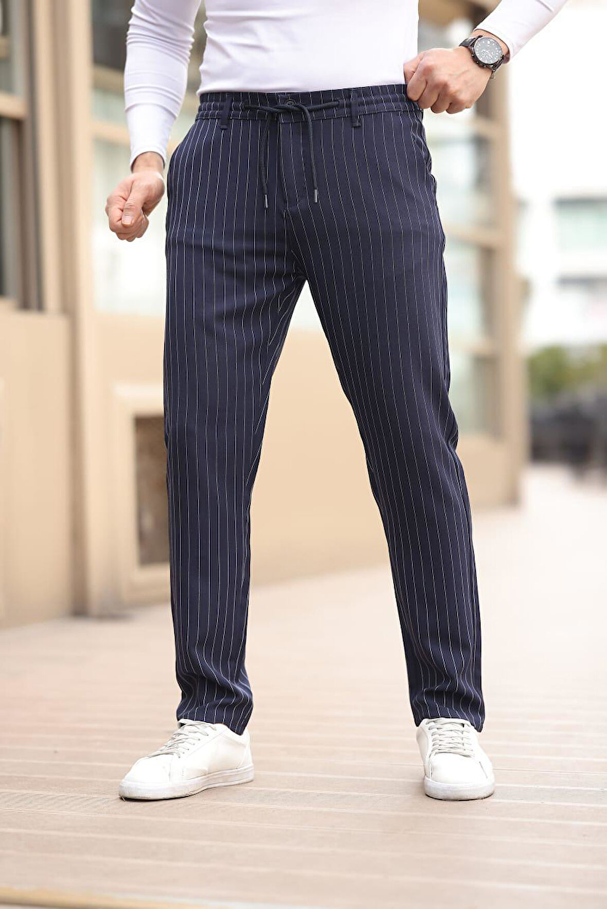 Çizgili Kumaş Lacivert Jogger Pantolon