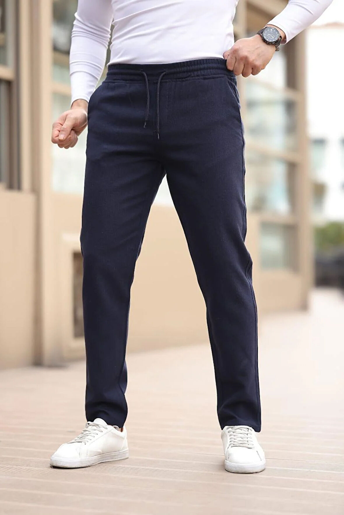 Düğmesiz Düz Kumaş Lacivert Jogger Pantolon