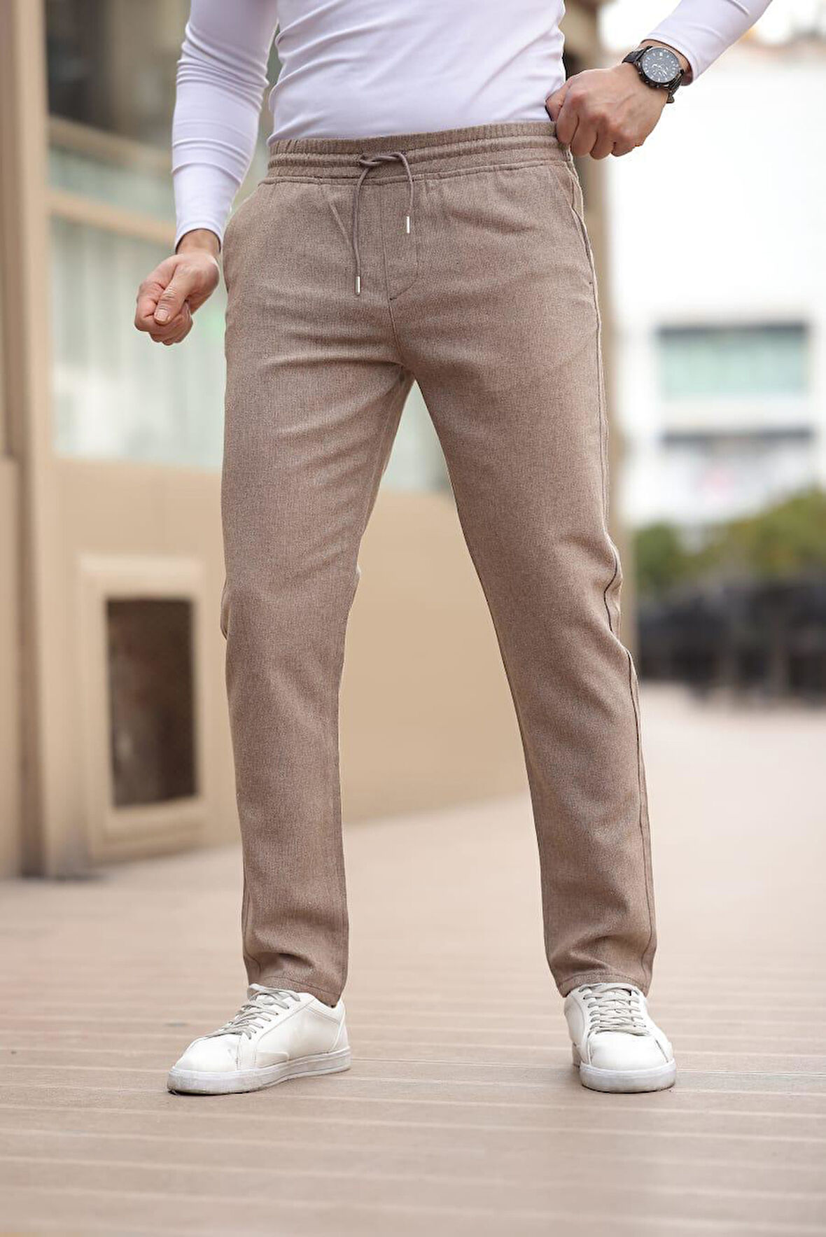 Düğmesiz Düz Kumaş Vizon Jogger Pantolon