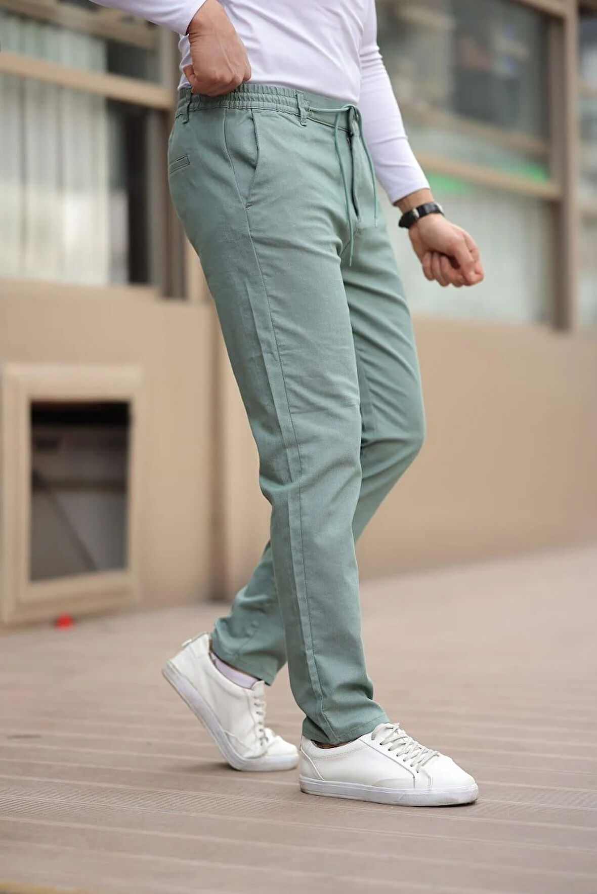 Düğmeli Düz Kumaş Haki Jogger Pantolon