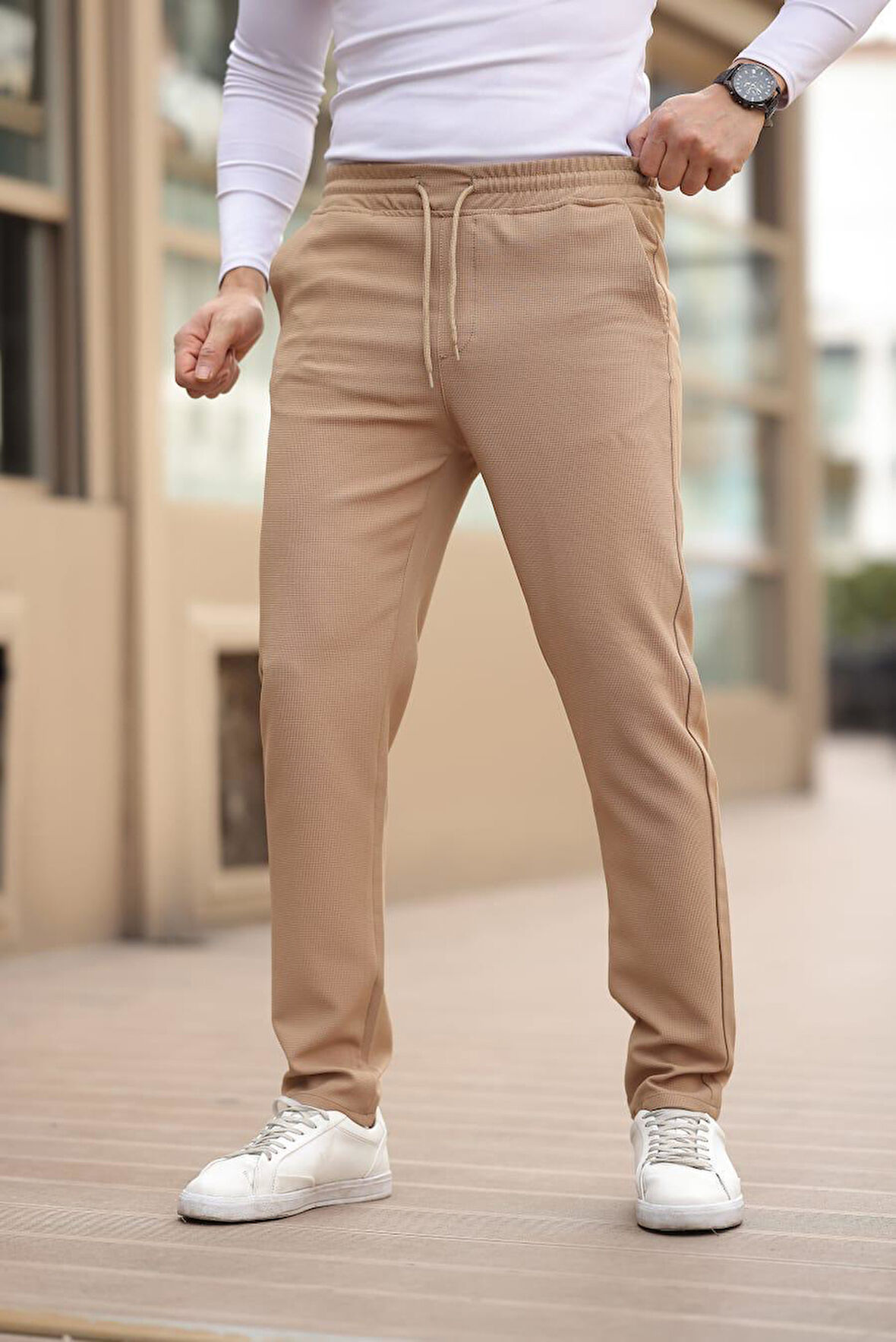 Düğmesiz Kareli Kumaş Vizon Mavisi Jogger Pantolon