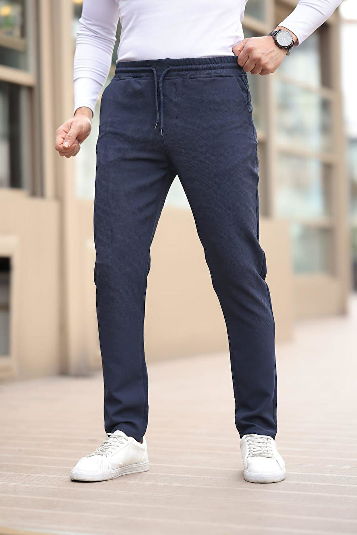 Düğmesiz Kareli Kumaş Lacivert Mavisi Jogger Pantolon