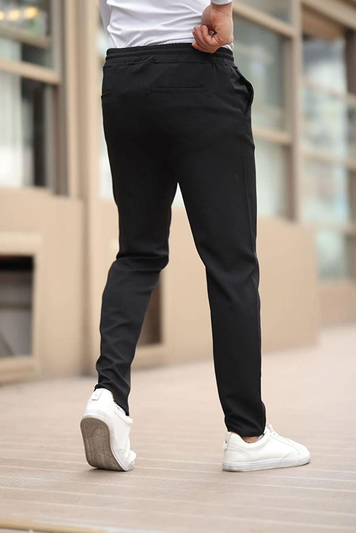 Düğmesiz Kareli Kumaş Siyah Mavisi Jogger Pantolon