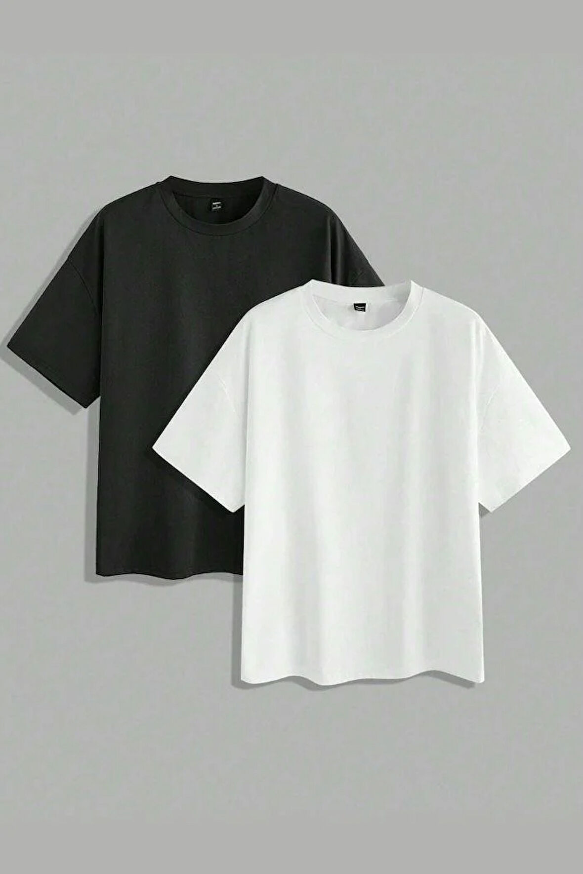 2 Adet Siyah ve Beyaz Renk Bisiklet Yaka Oversize Tişört