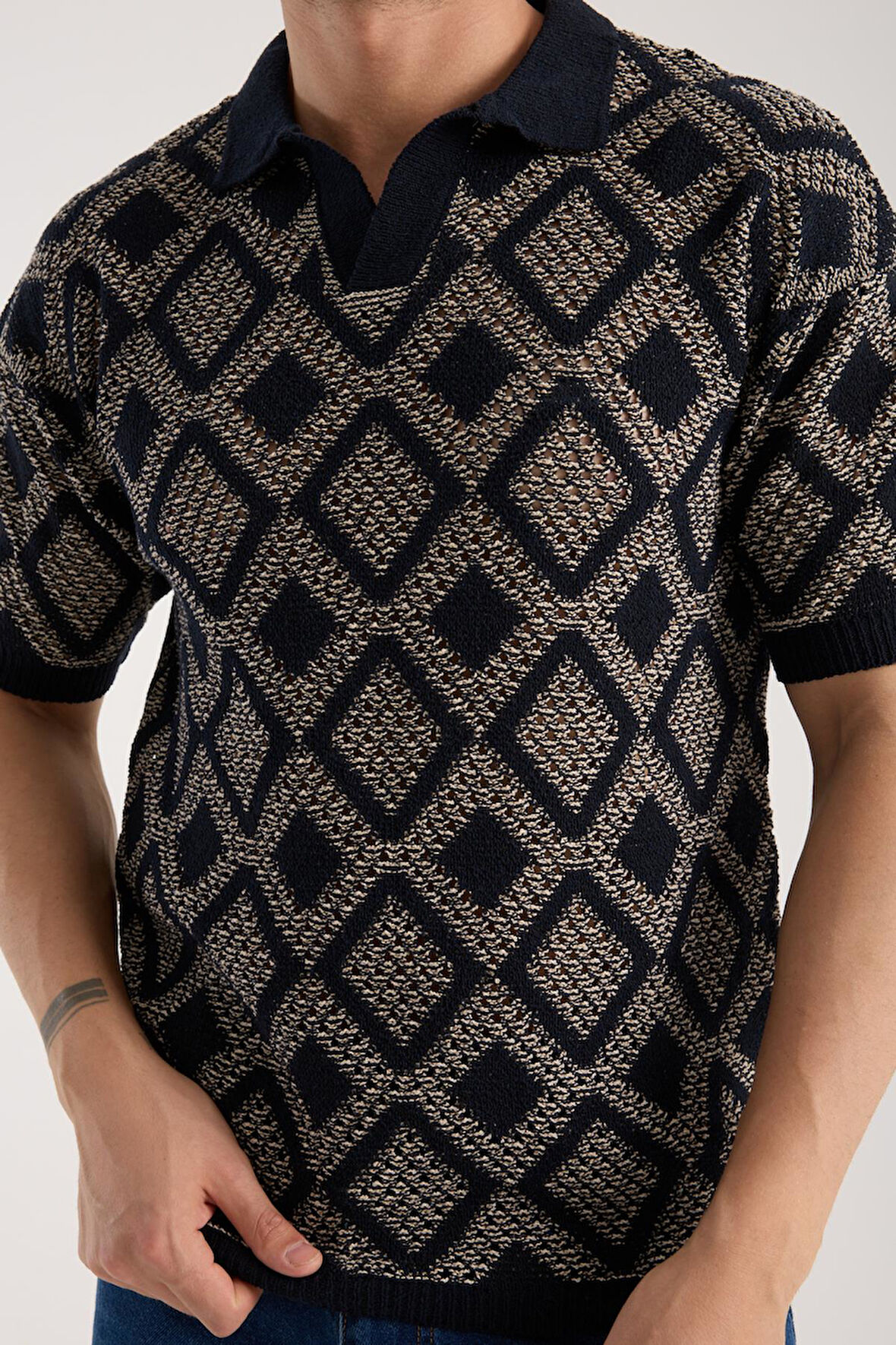 Erkek Polo Yaka Geometrik Desenli Kısa Kollu Triko Tişört - Lacivert Bej