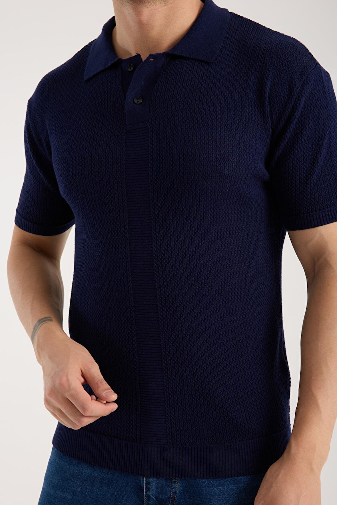 Erkek Polo Yaka Düz Dokulu Lacivert Kısa Kollu Triko Tişört