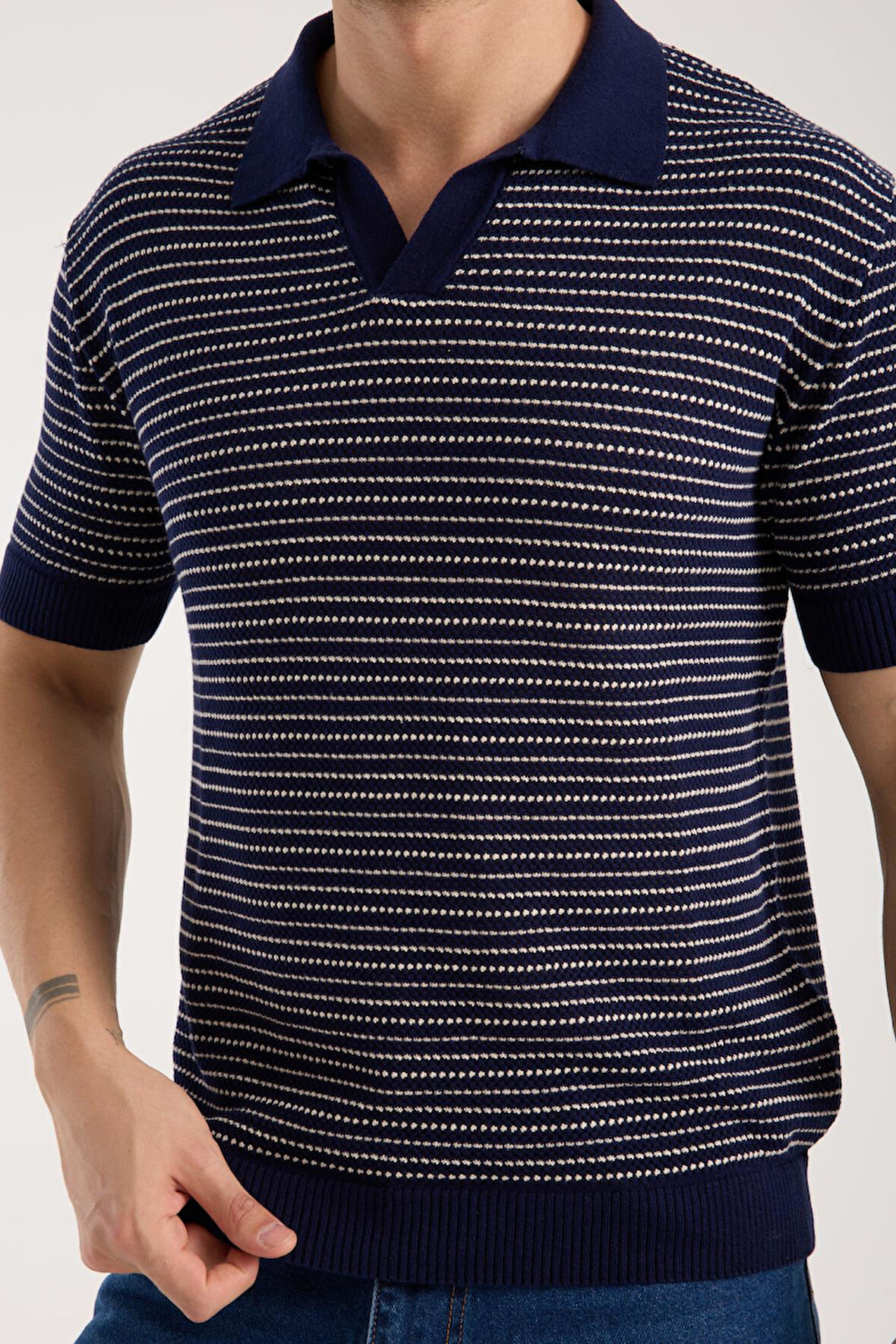 Erkek Polo Yaka Links  Örgü Dokulu Lacivert Kısa Kollu Triko Tişört